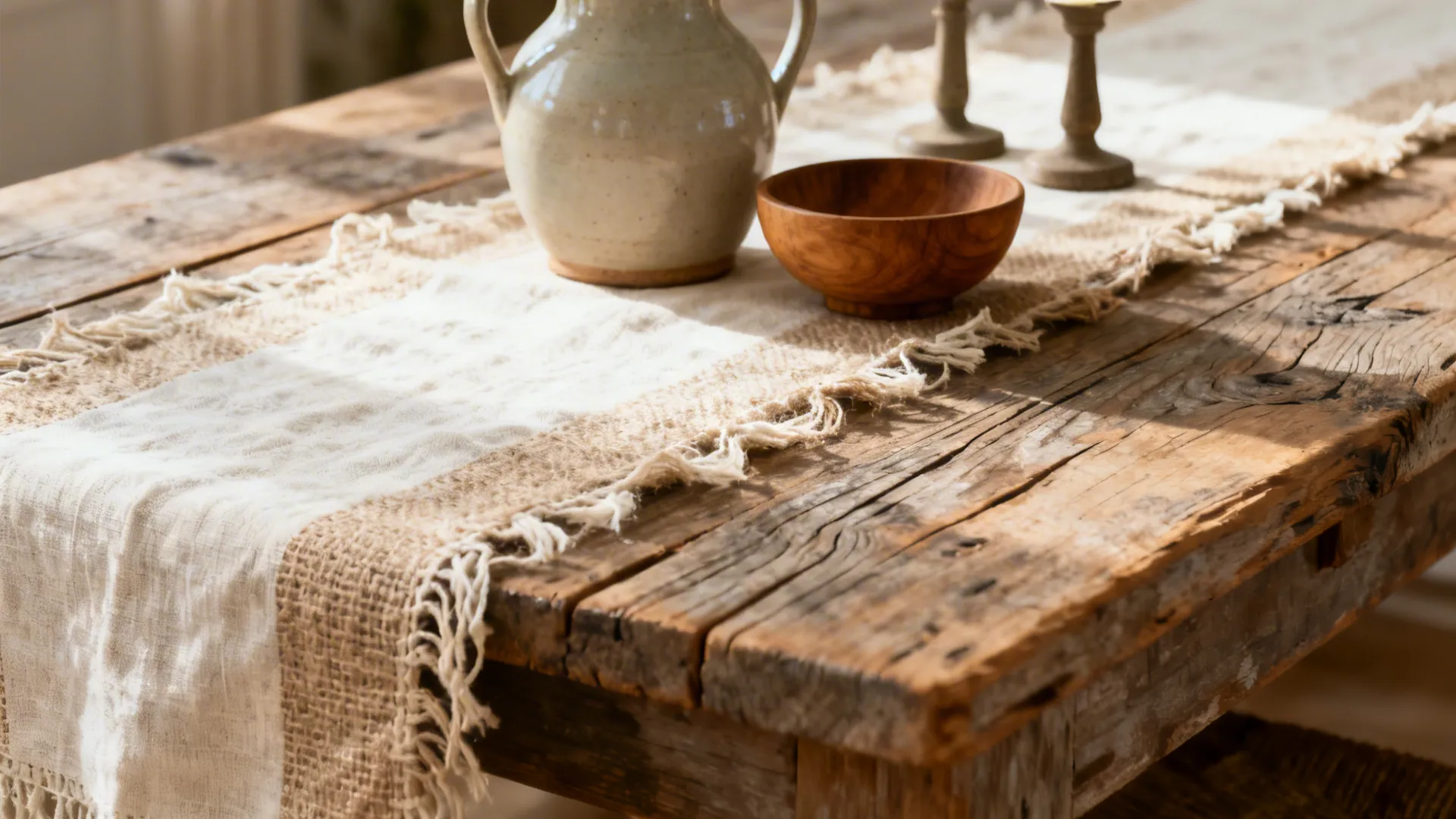Close-up of linen runner with a ceramic pitcher, wooden bowl, and candlesticks on a farmhouse table.