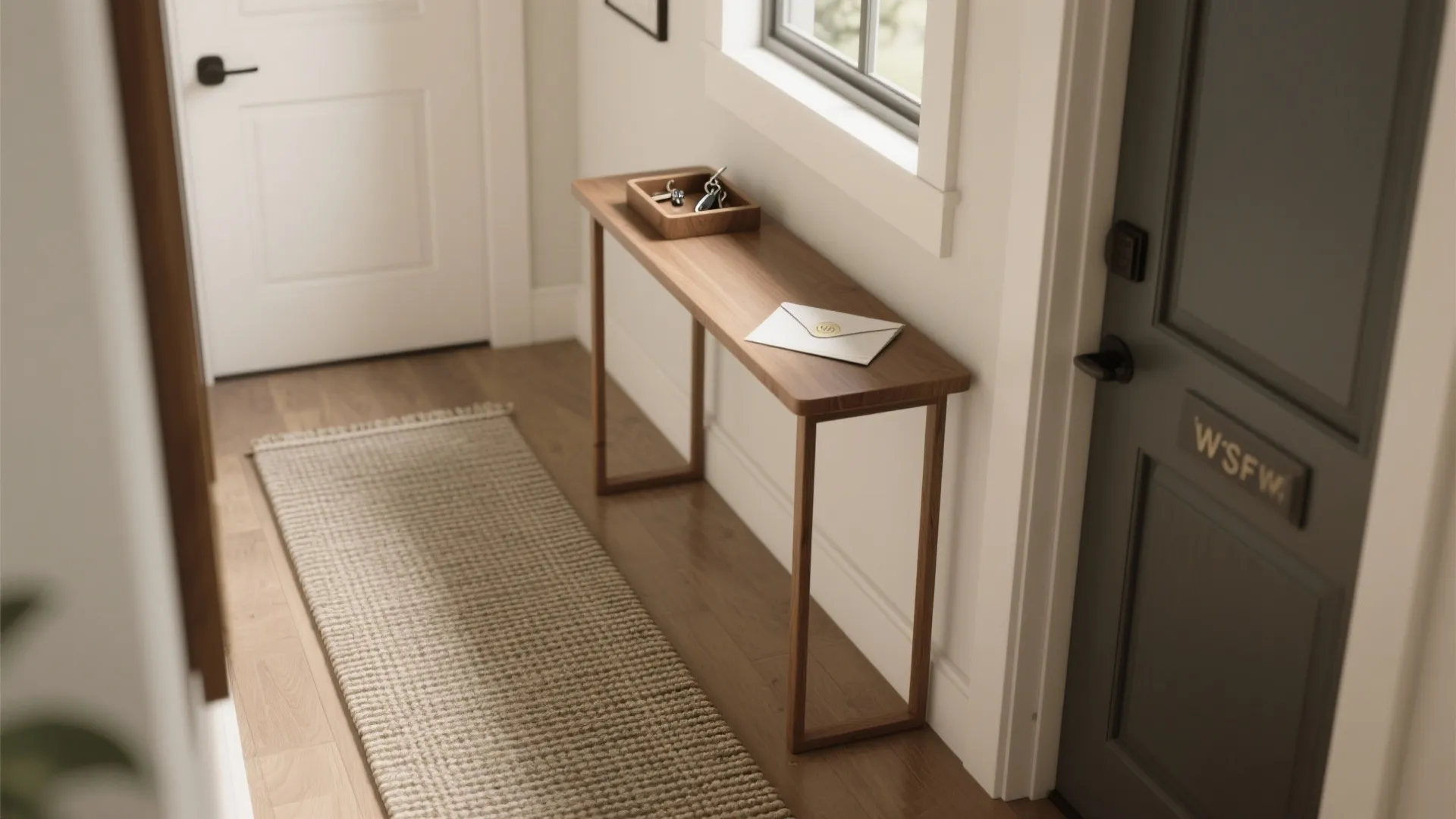 Narrow wooden hallway table with a small tray and envelope placed on a long floor rug