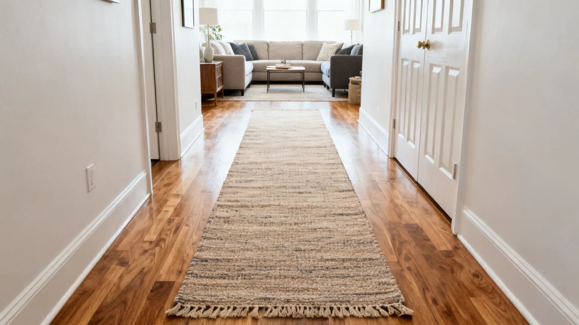 Long runner rug in a narrow living room guiding traffic and elongating the space