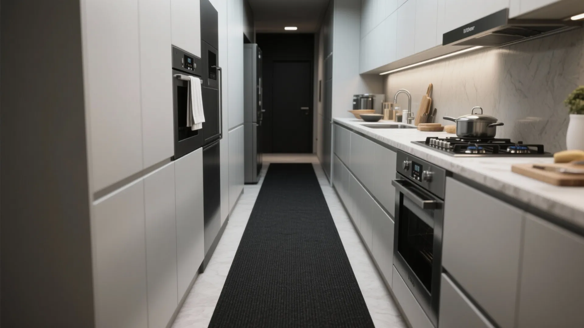 Galley kitchen with a long black runner defining work zones and showing non-slip backing