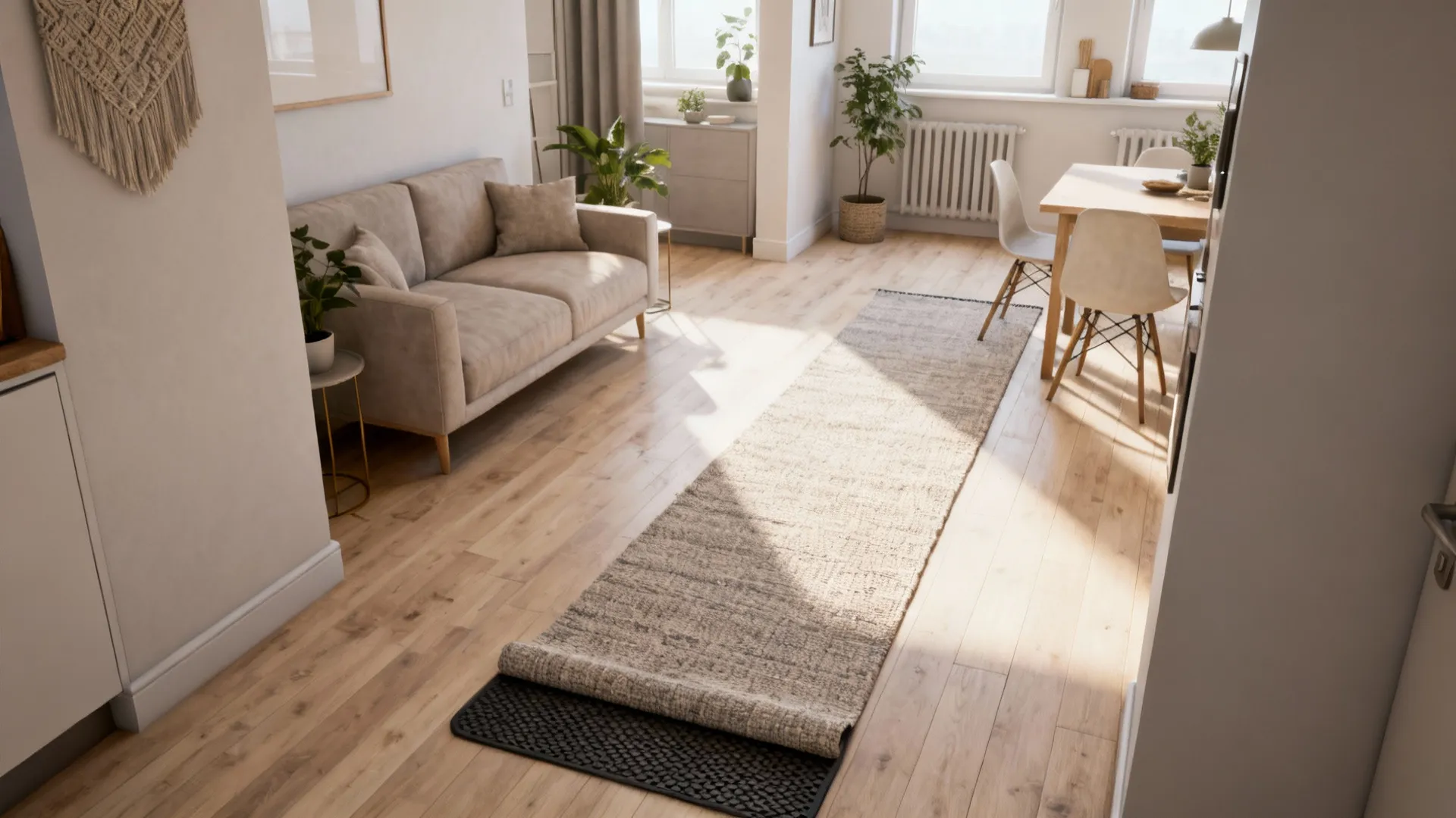 Long narrow floor rug positioned in a bright open living area with wooden floor boards
