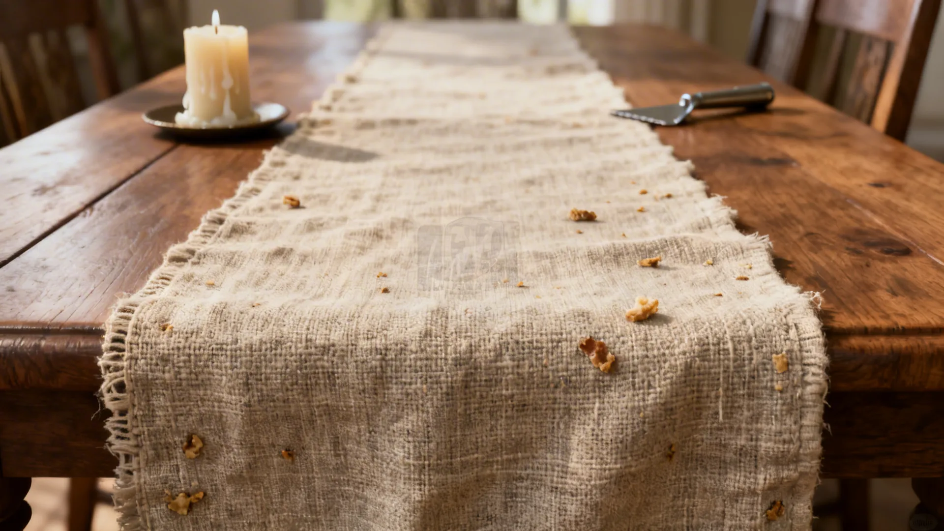 Rustic burlap table runner on wooden dining table with white candle and scattered bread crumbs