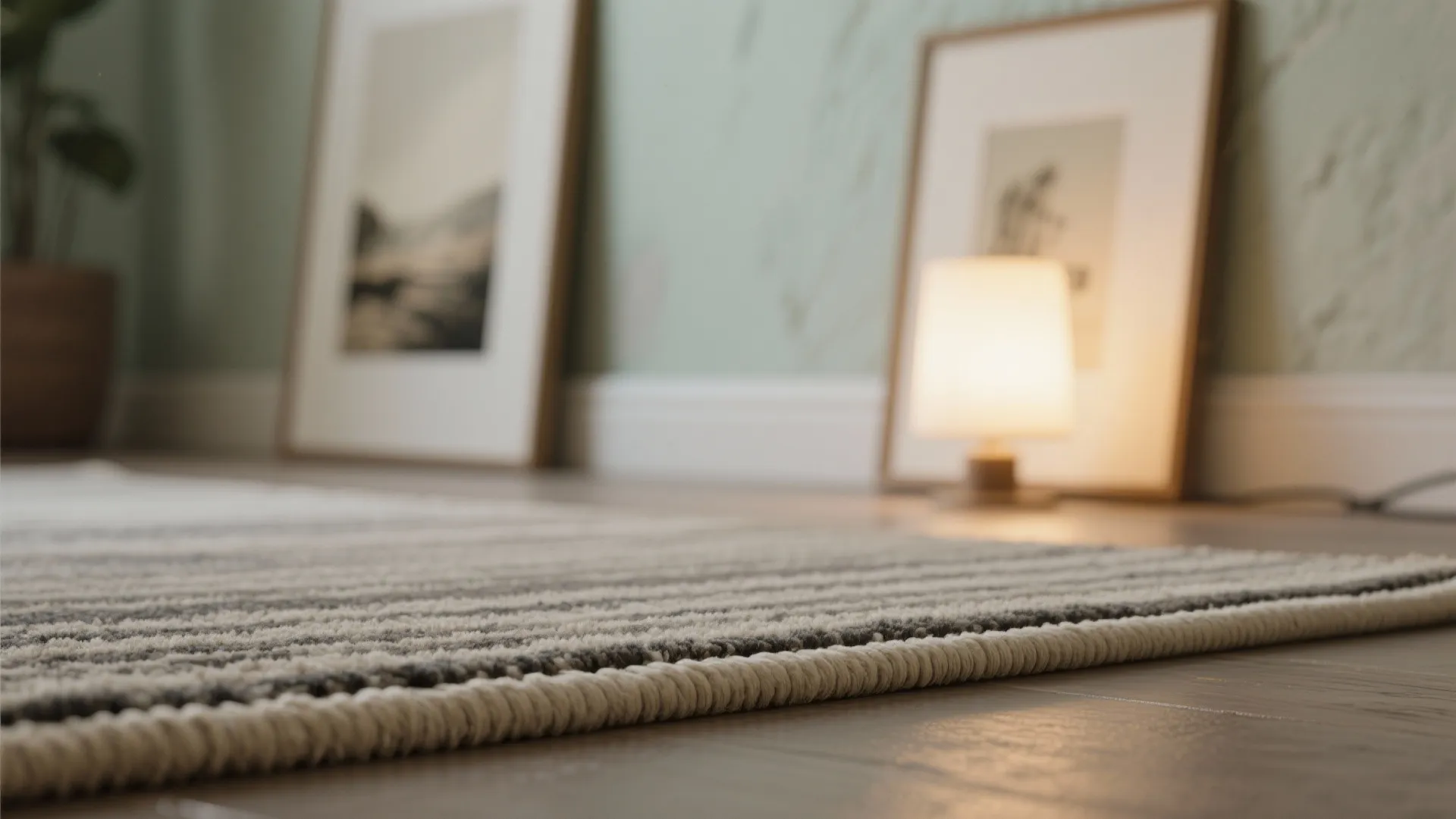 Close up of striped floor rug on wood floor with warm lamp and wall art