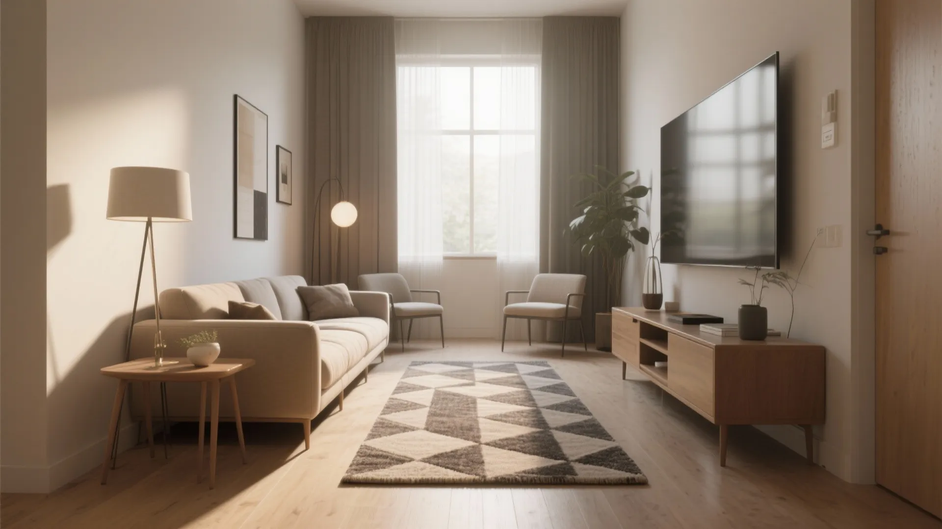 Narrow living room with a long geometric runner visually elongating the space