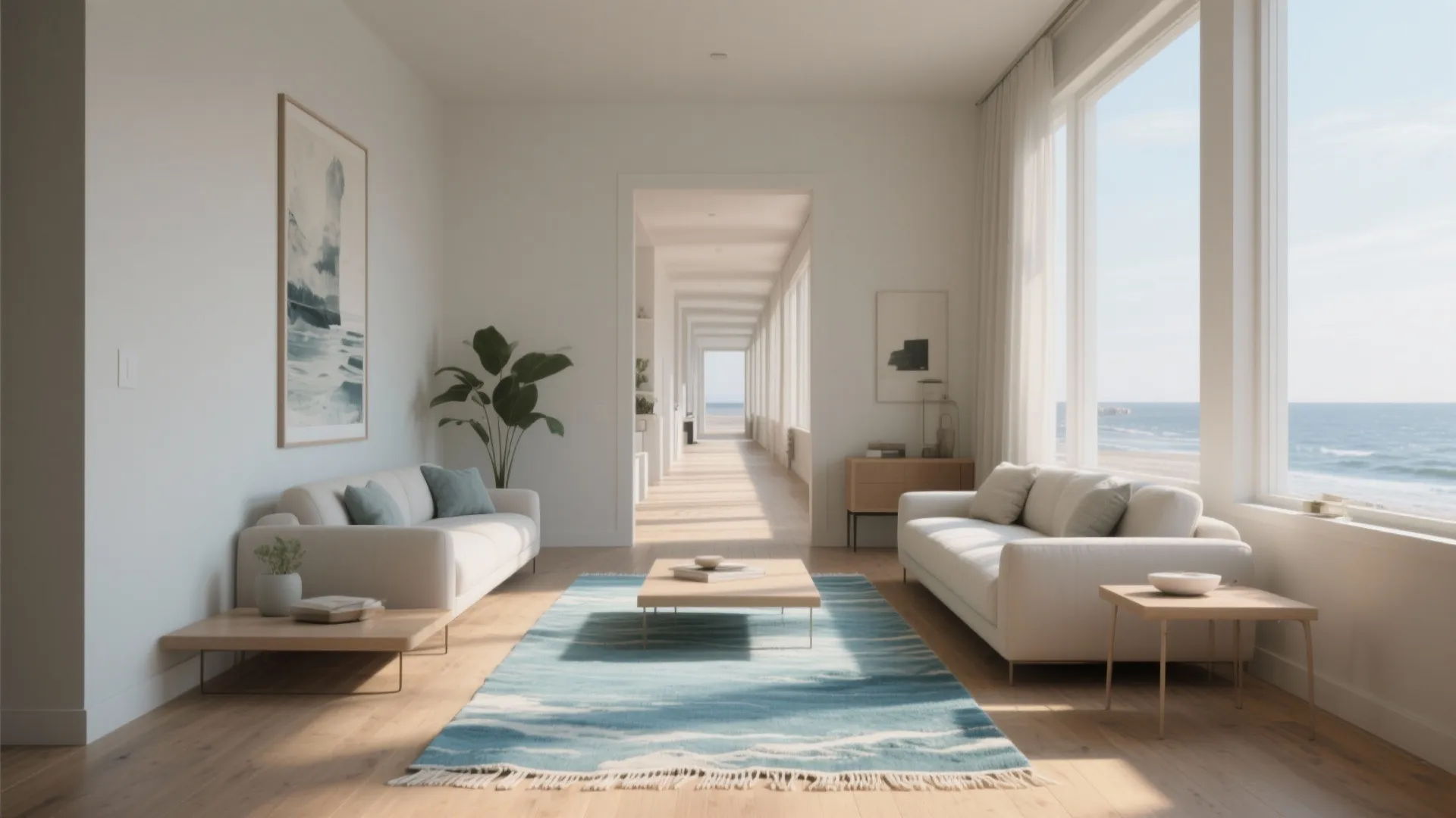 Bright minimalist living room with white sofas blue rug and large windows facing the ocean