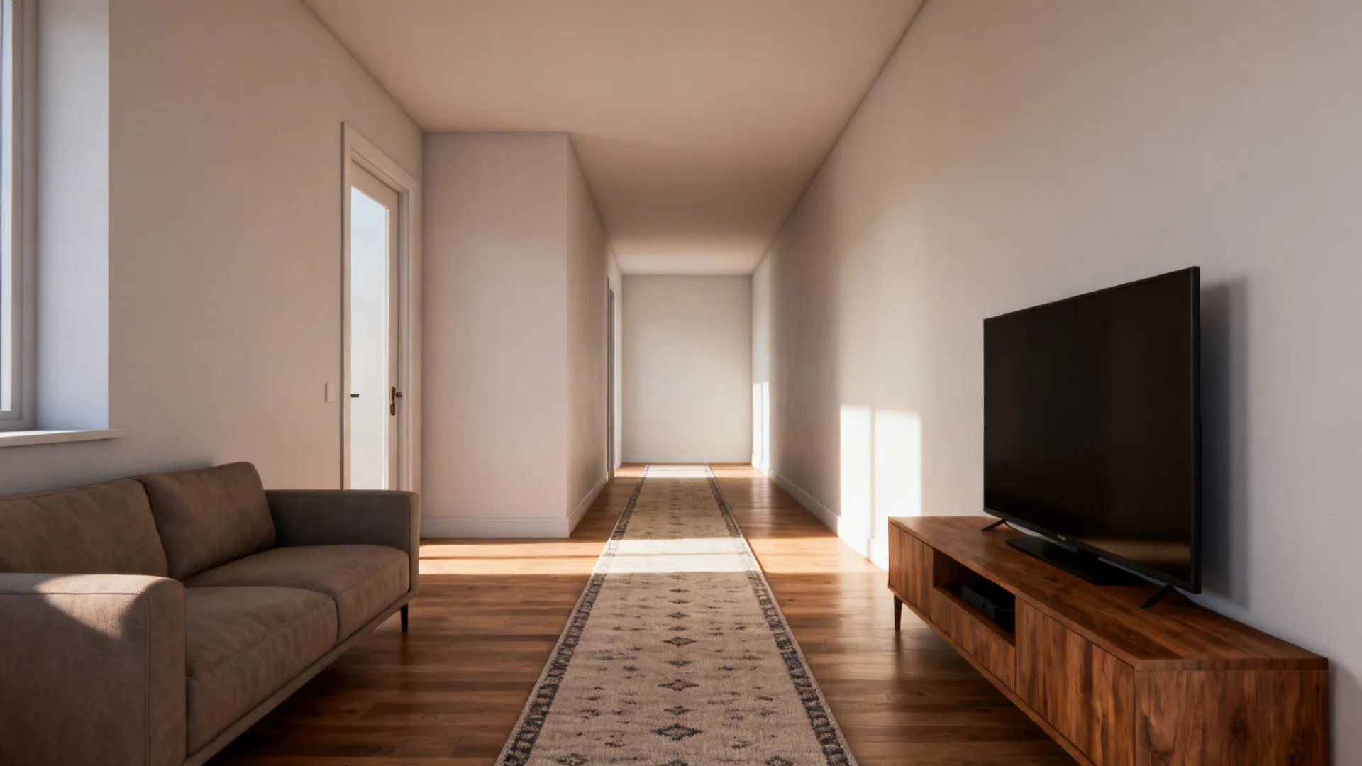Narrow living room with a runner rug along the long axis to visually lengthen the space.