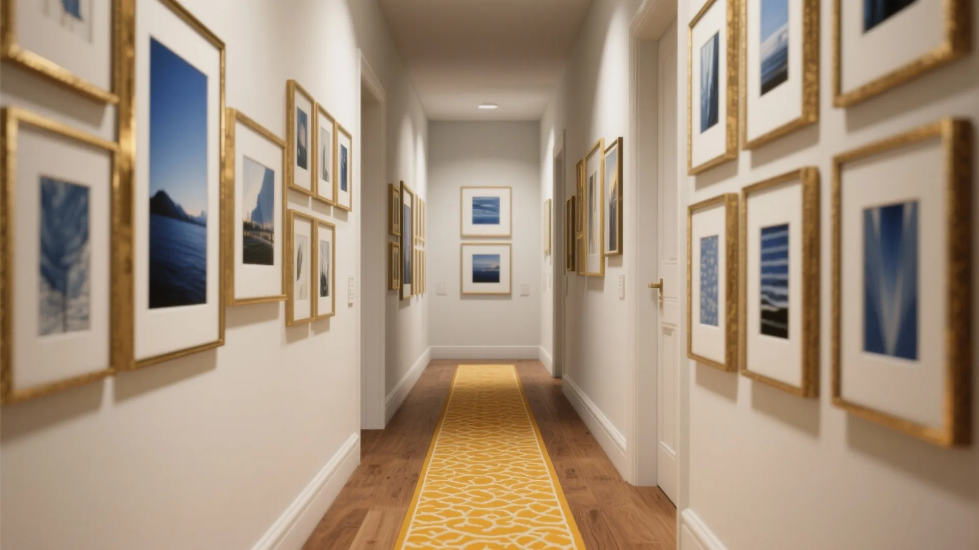 Saffron runner and brass-framed gallery wall lead through a compact hallway.