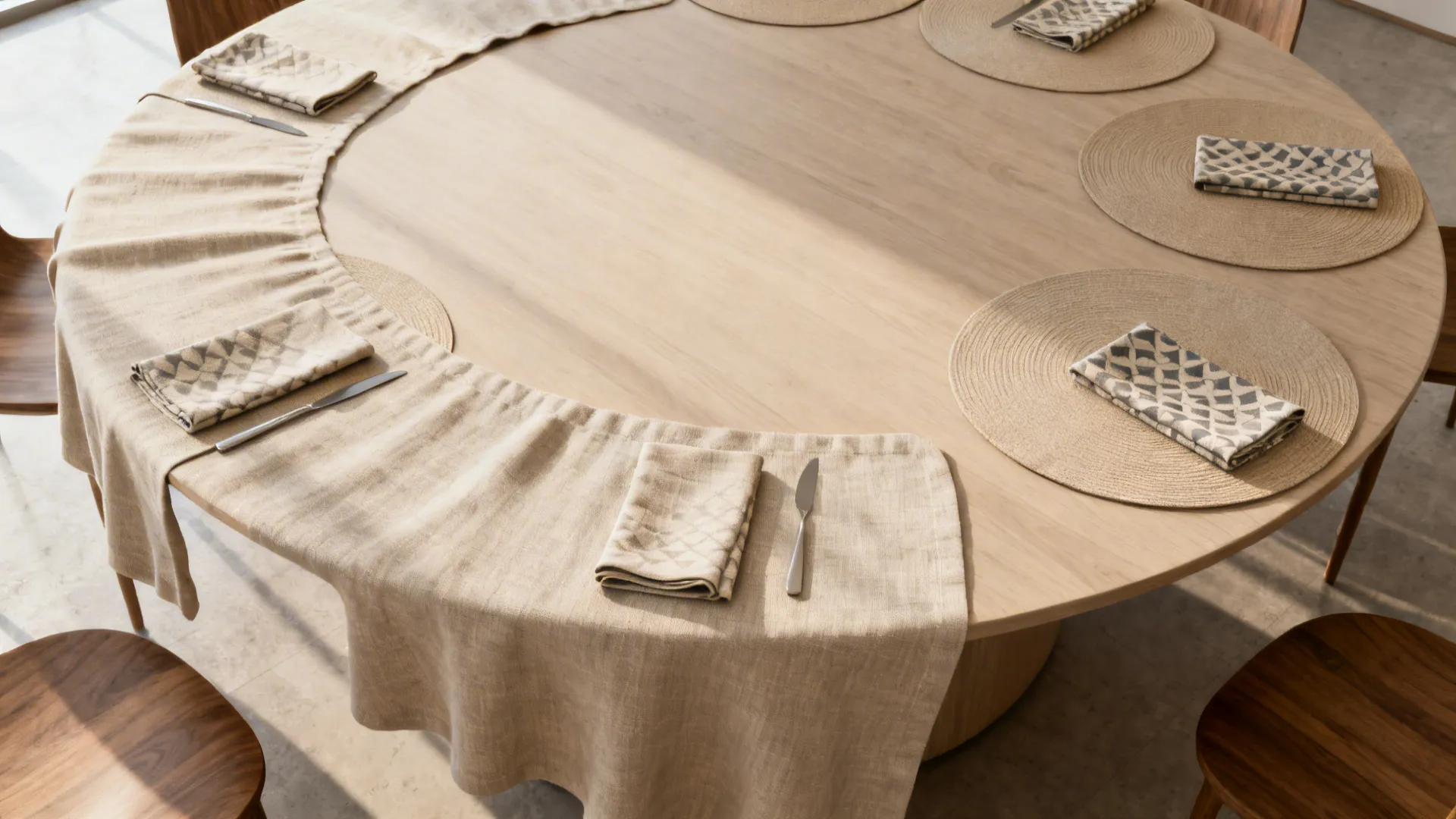Round table with an oval linen runner and clustered circular placemats that mirror the table shape.
