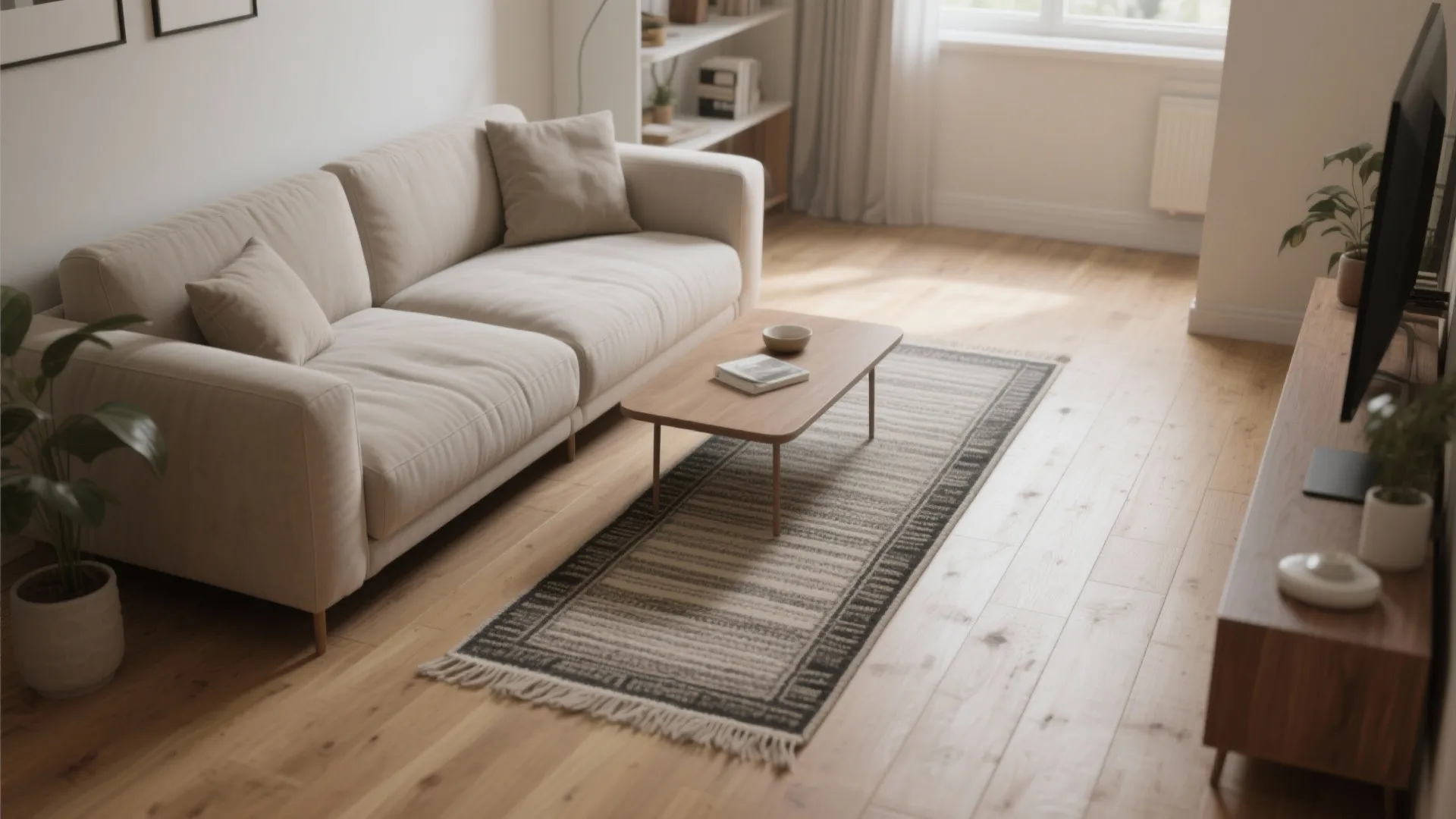 4. Place a runner-style small rug in front of a sofa