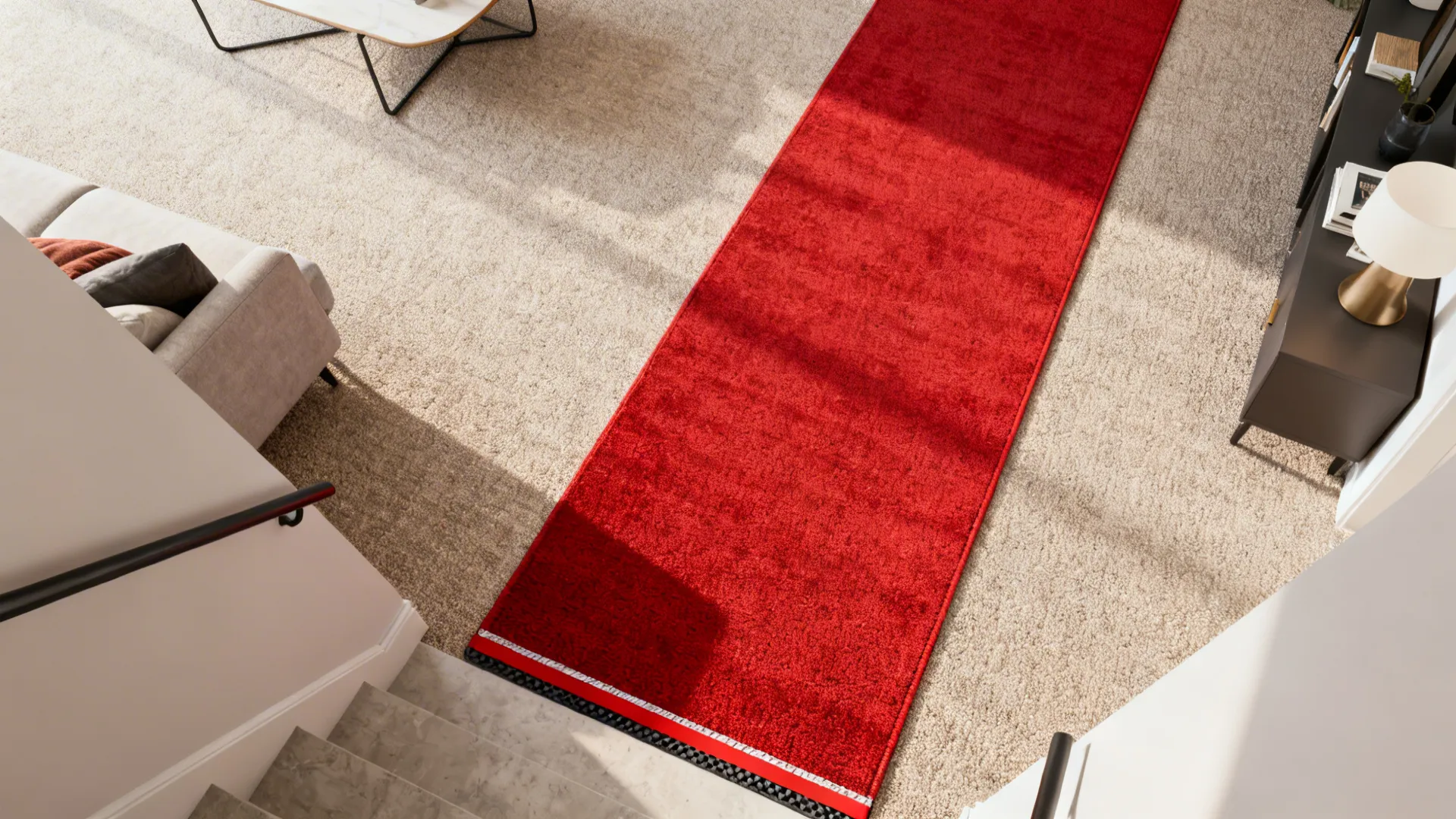 Red runner rug on beige carpet near coffee table and black cabinet seen from stairs