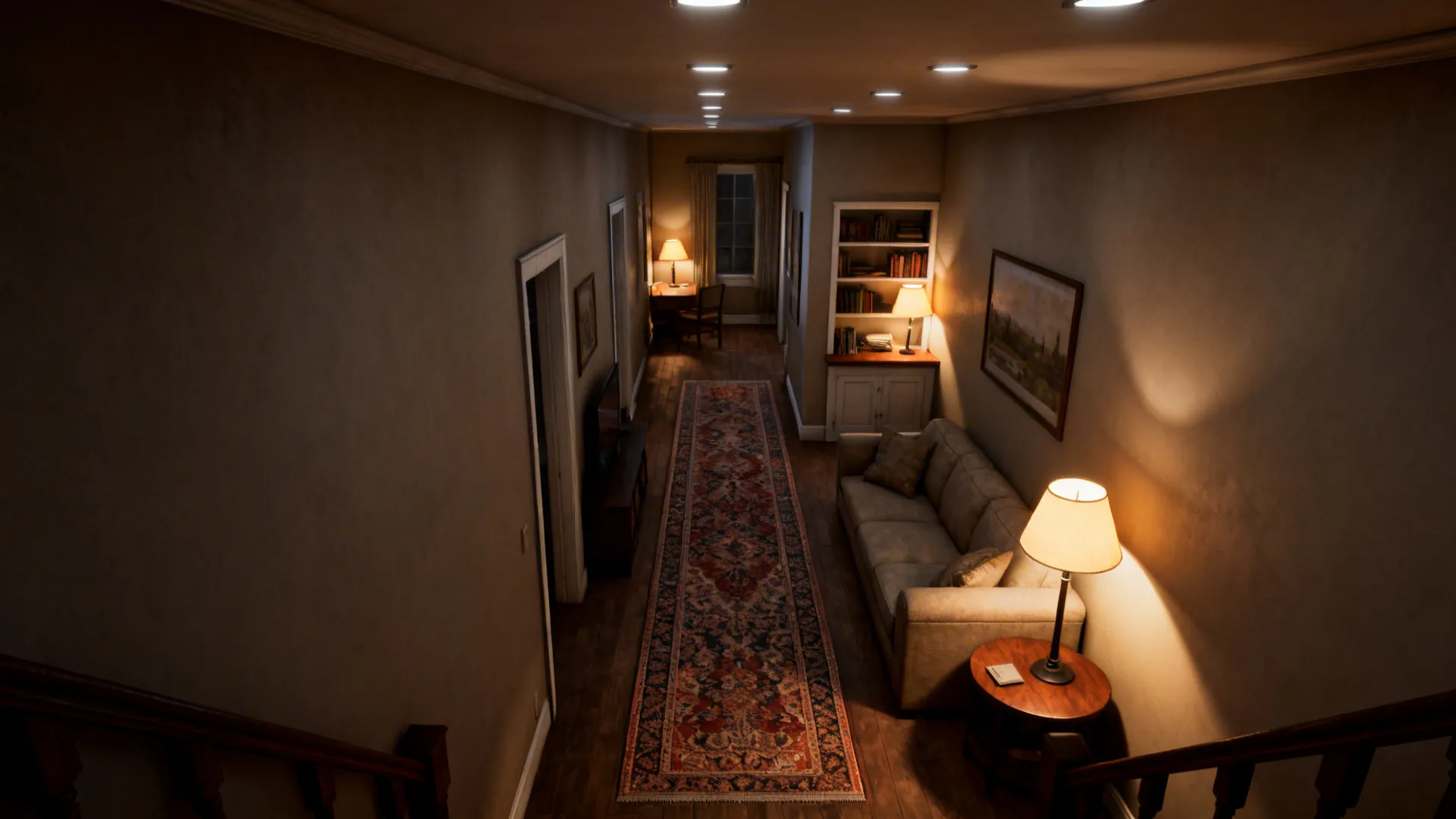 Long runner rug guiding the eye with layered ceiling, floor, and table lighting across zones.