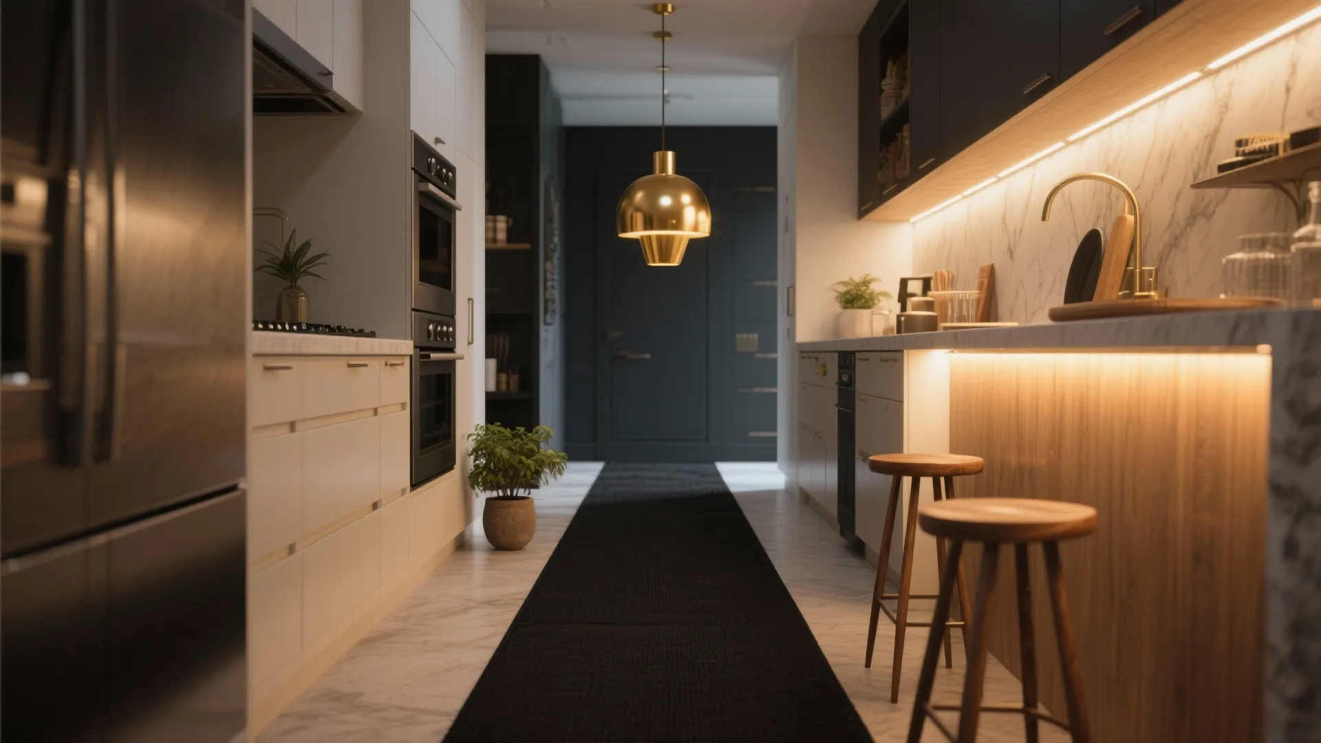 Modern galley kitchen with gold ceiling light black rug wooden stools and white marble counters