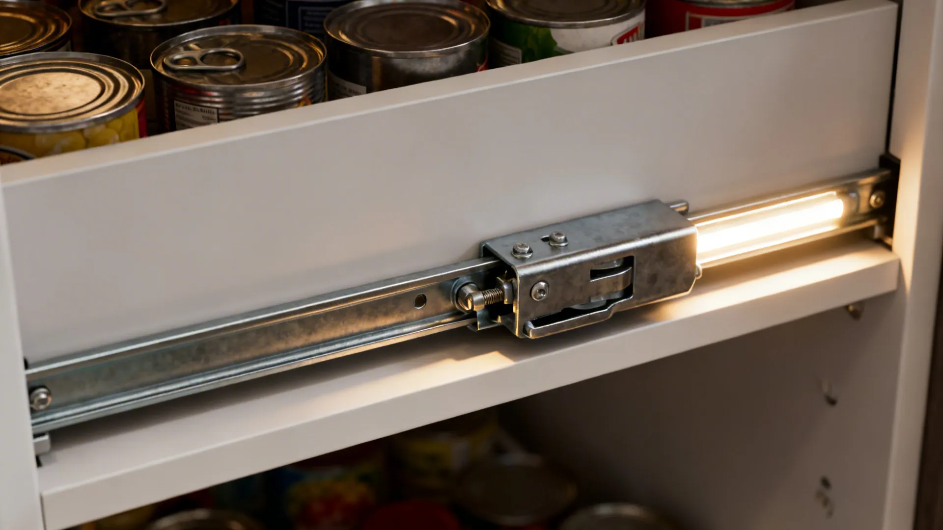 Close-up of a high-load soft-close runner supporting a pantry pull-out with LED lighting.
