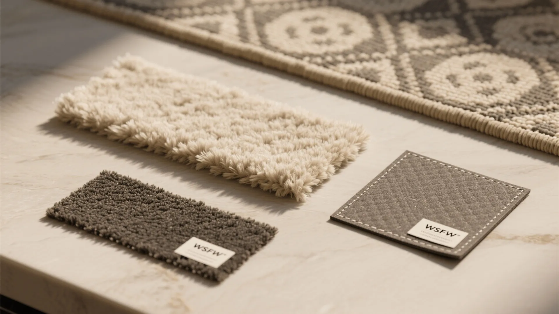 Various carpet and fabric material samples in different textures and neutral colors on marble surface