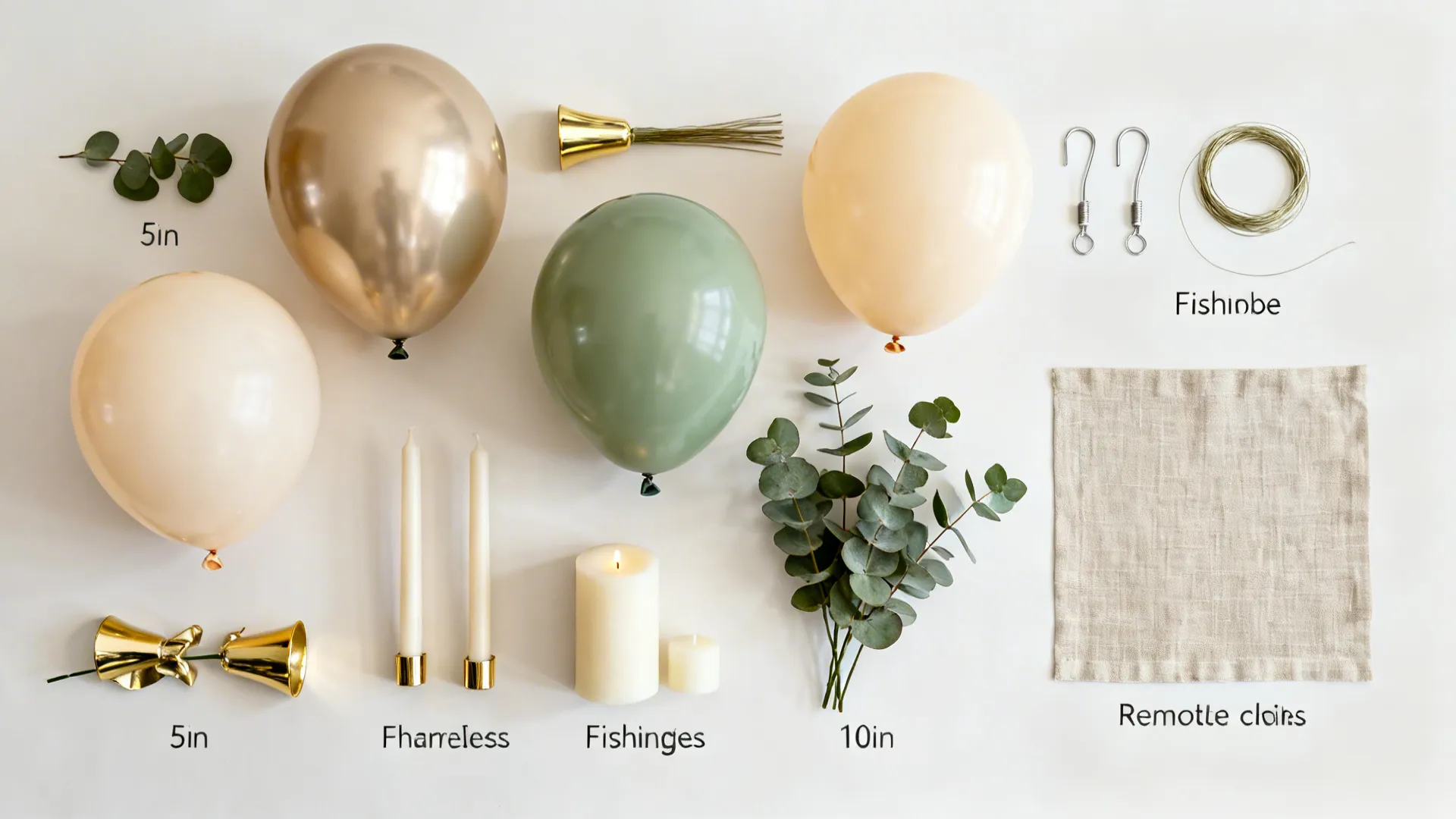 Flatlay of balloons, gold accents, eucalyptus, flameless candles, hooks, and linen for a chic balloon runner.