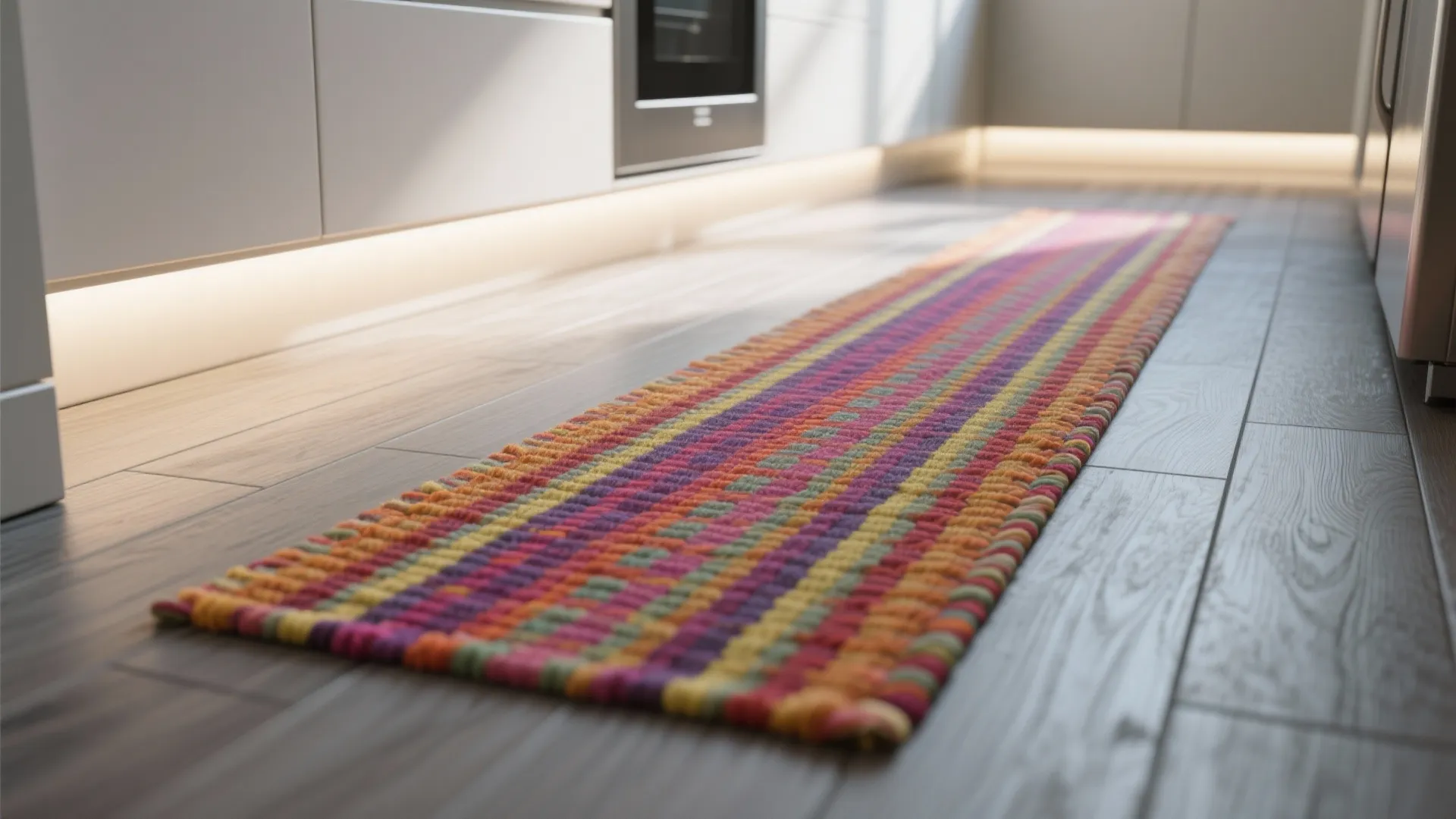 Colorful striped floor rug placed on a grey wood floor in a modern white kitchen