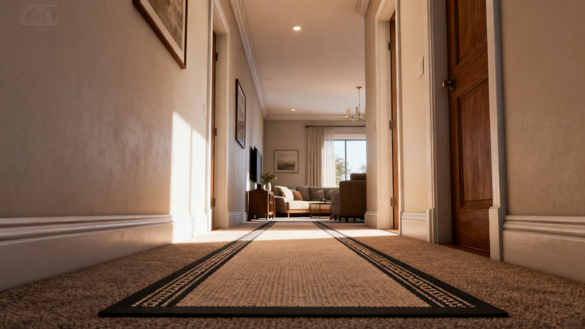Narrow runner rug layered over wall-to-wall carpet defining a clear traffic lane in an apartment