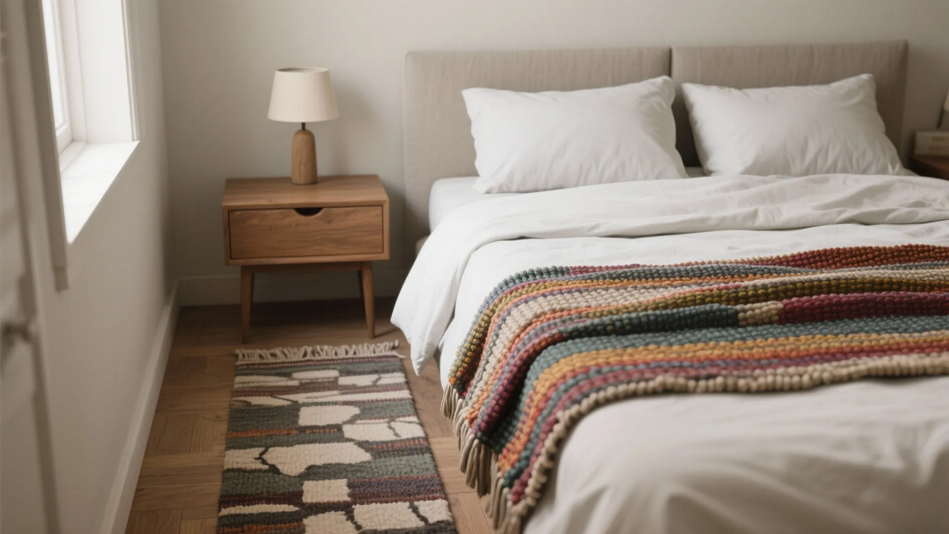 2. Layer a small colorful runner over a neutral base