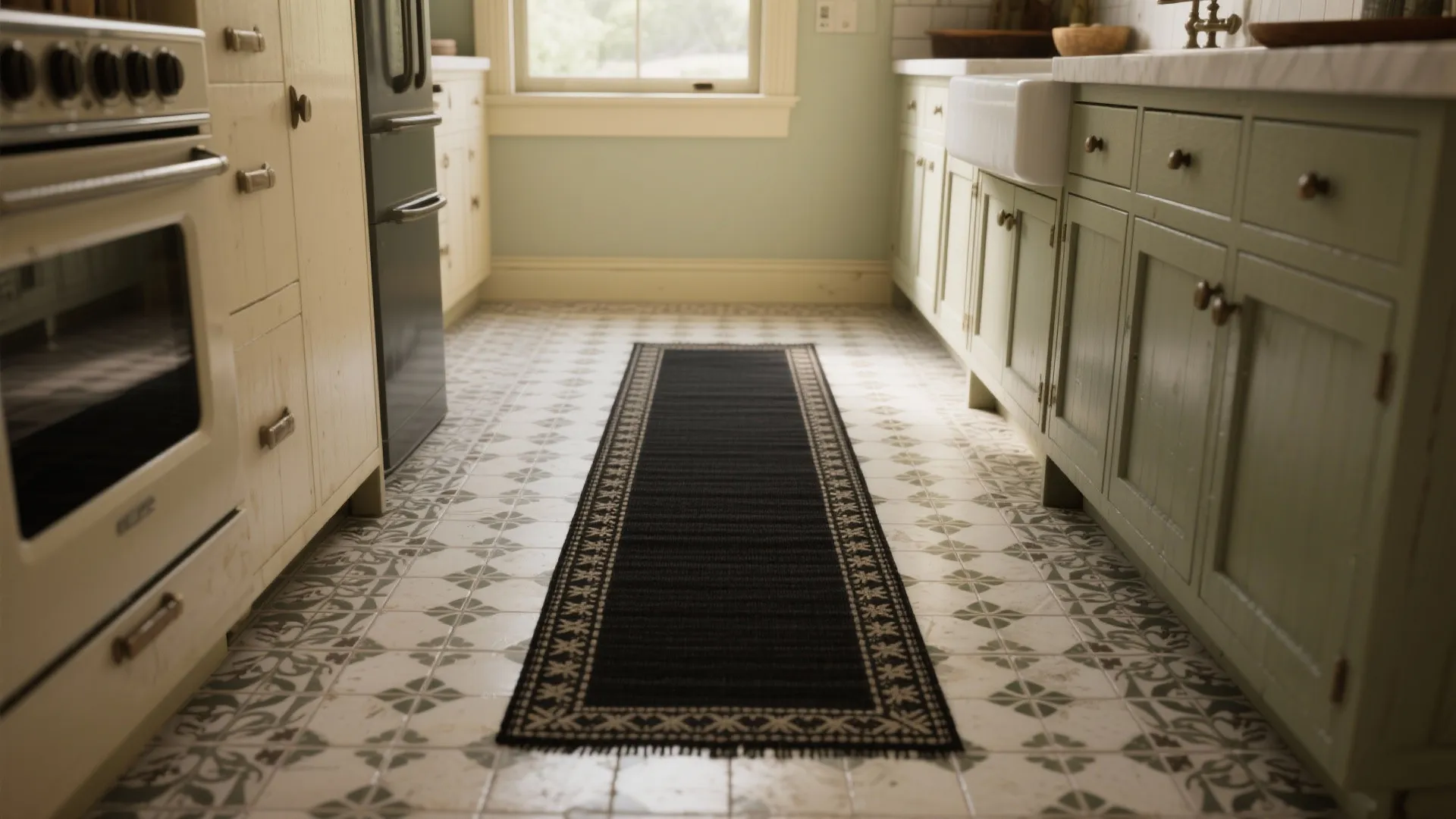 4. Layering a black runner over patterned tile