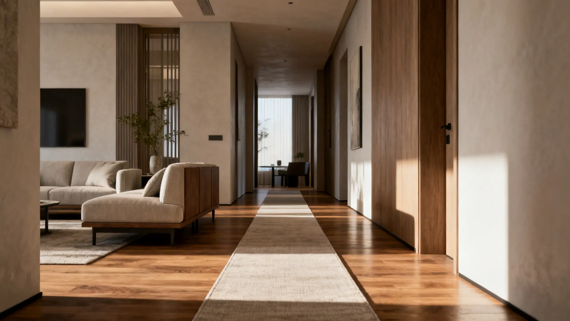 Long narrow runner rug defining a pathway and guiding circulation between entry and living area.