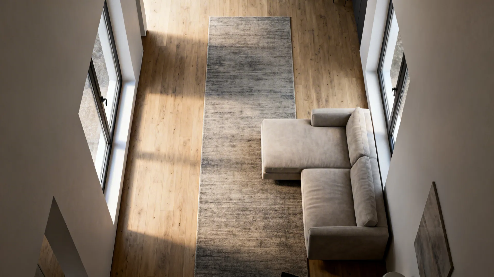 Narrow living room with a runner rug guiding the pathway while the sectional sits partially off it.