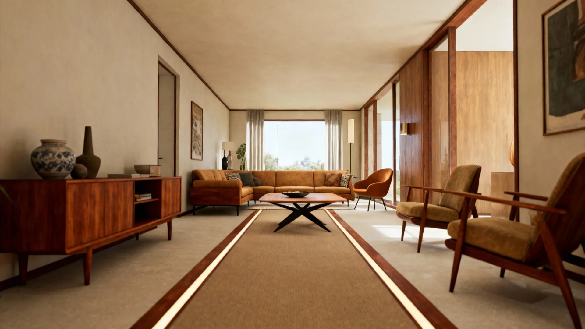 Narrow living room with a runner placed along the perimeter in front of seating to elongate the space