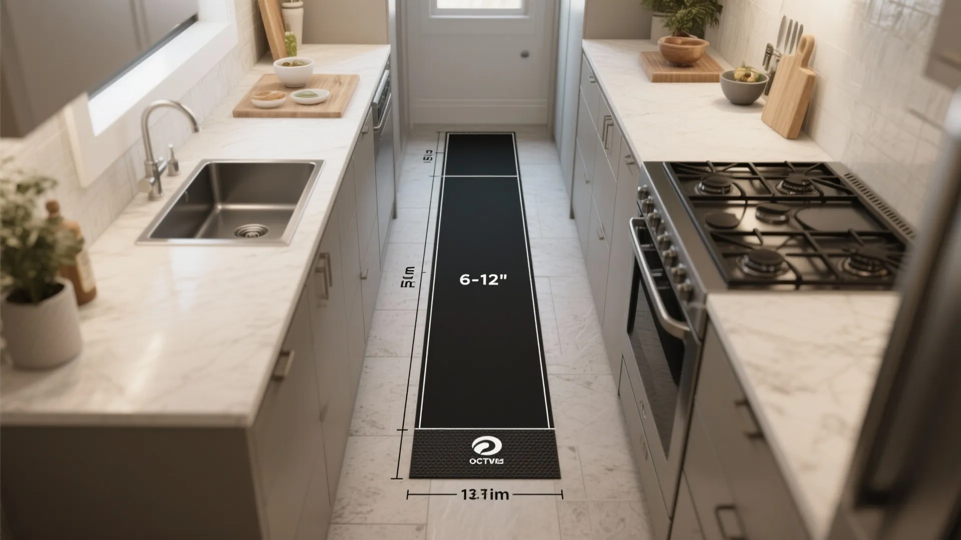 Top-down galley kitchen layout showing runner placement with clearance measurements