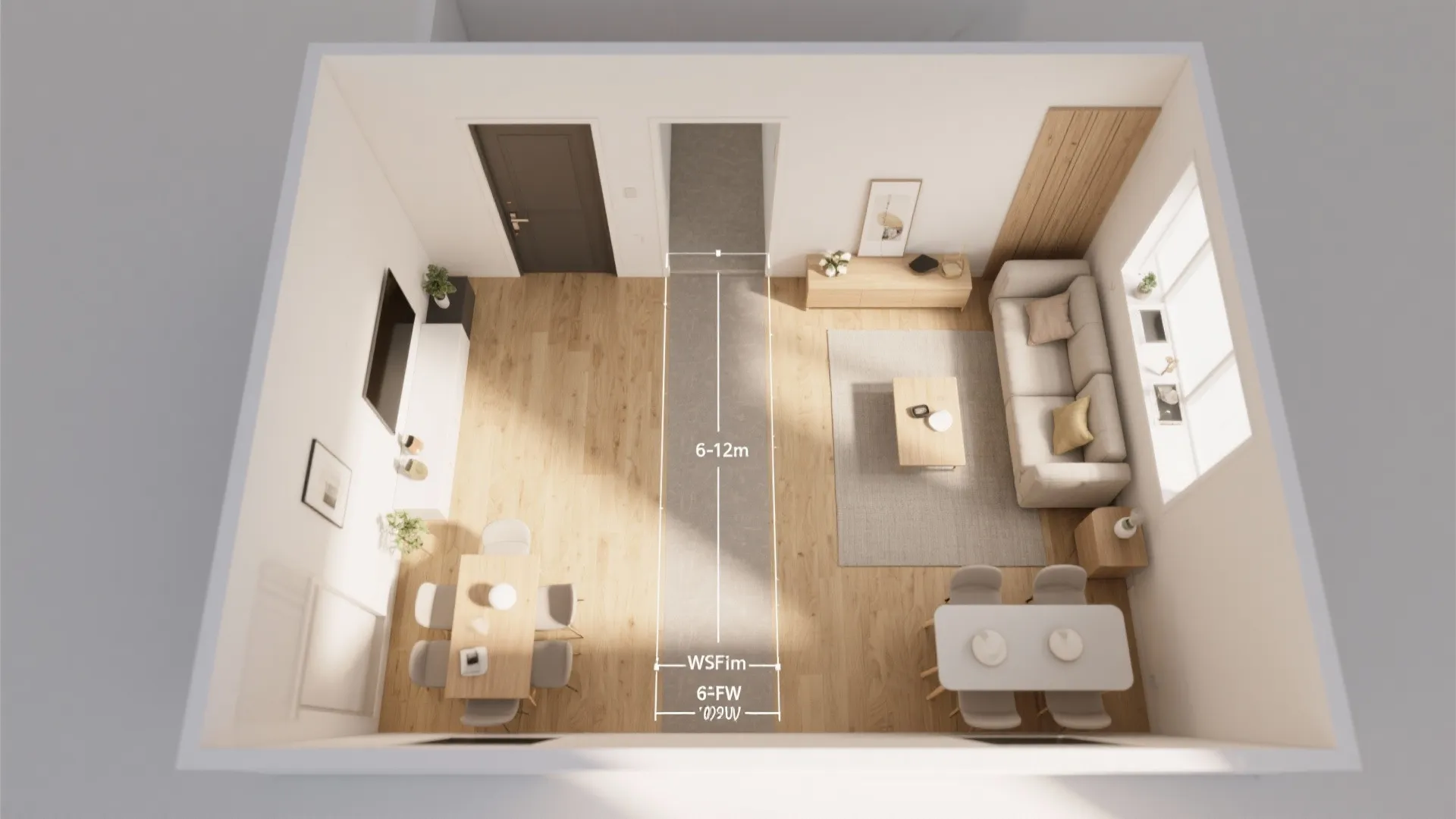 Interior design drawing showing a top down view of a living room with floor measurements