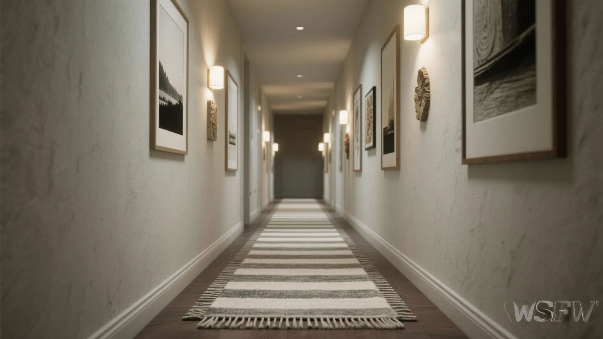 Long hallway featuring a striped floor rug and several framed pictures on the white walls