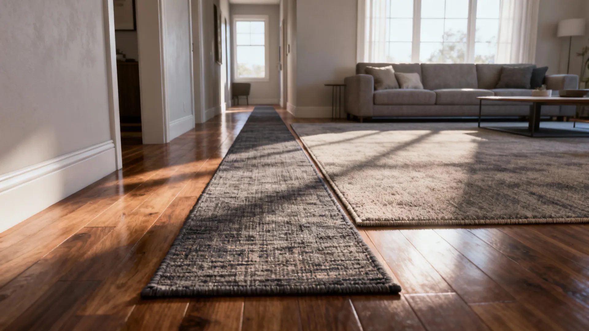 Long dark hallway runner rug placed next to a large area rug on wooden floors