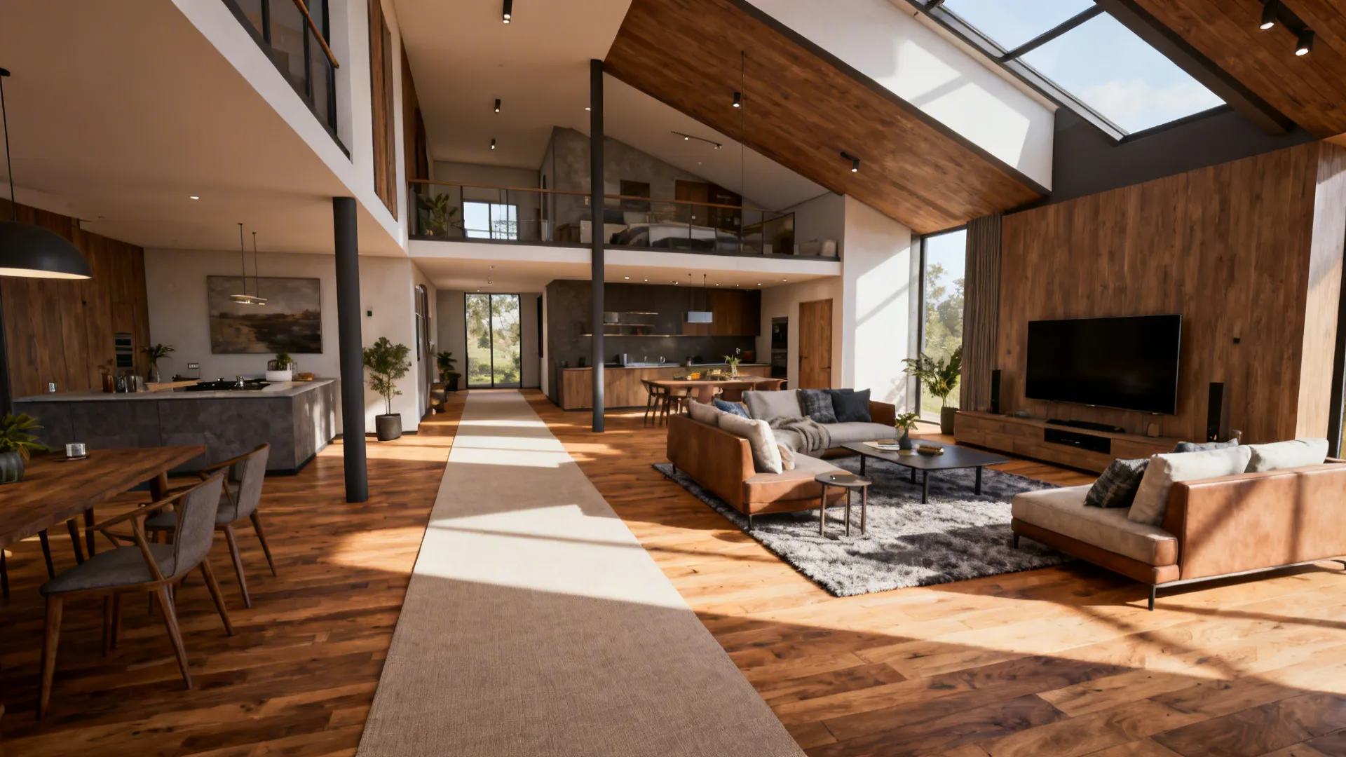Spacious modern living room with long floor rug wood ceiling large windows and leather sofas