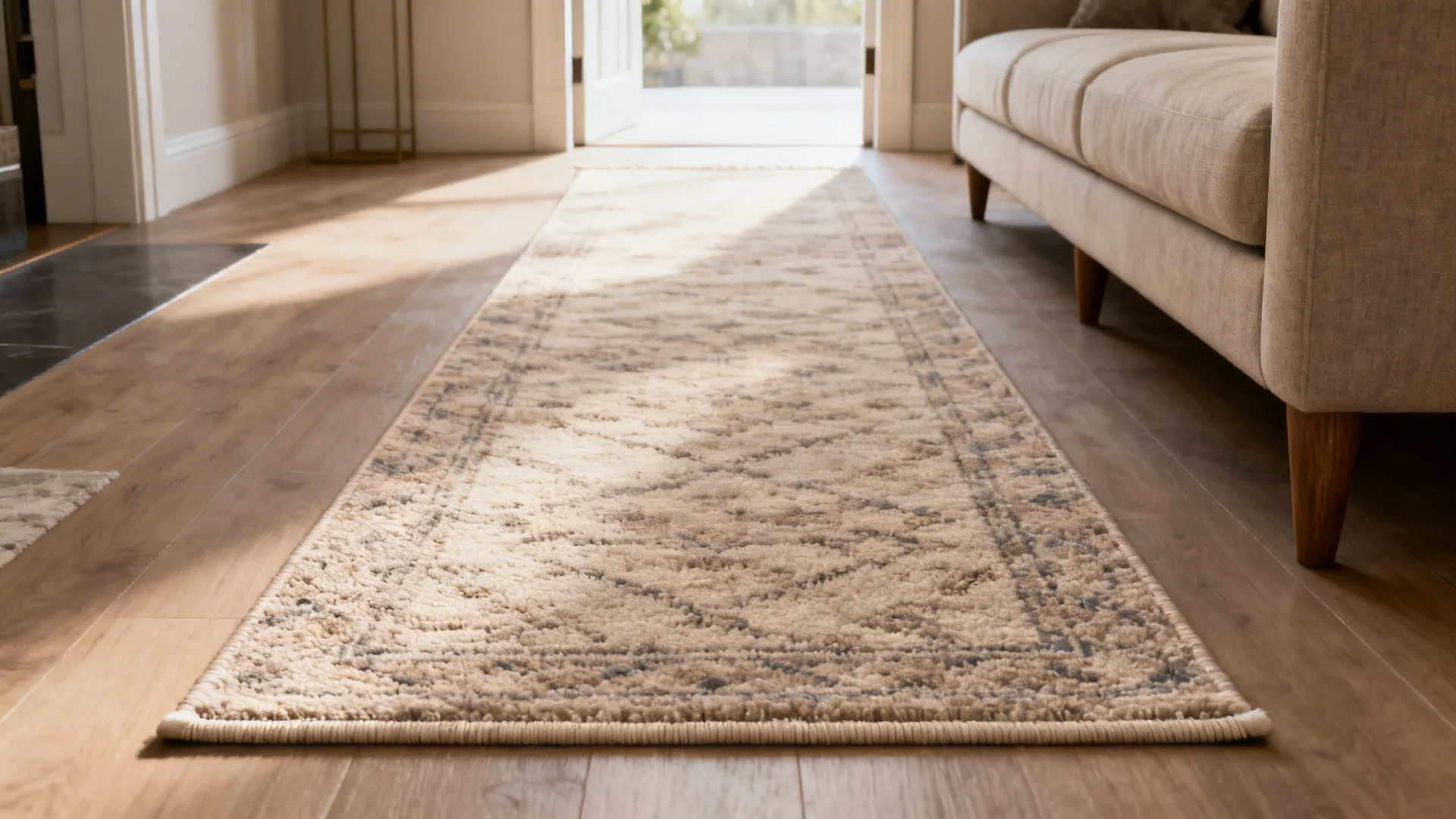 Low-pile runner rug defining seating and entry zones in a narrow living room.