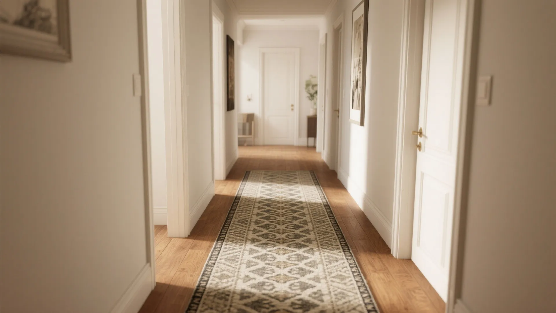 Long hallway with wooden floor a patterned rug runner white doors and soft warm natural lighting