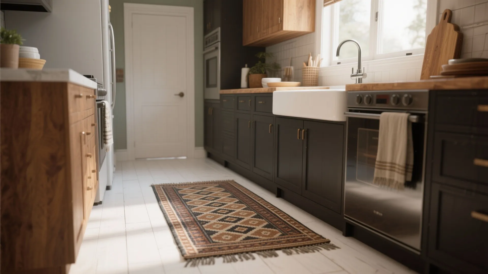 Narrow kitchen with brown rug on white floor next to black cabinets and wooden counters