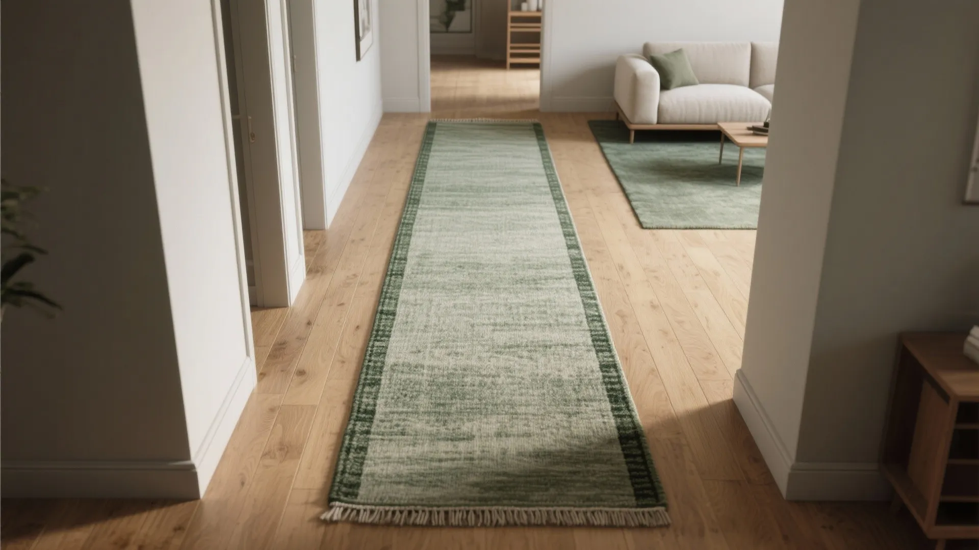 Green long rug on wood floor hallway leading to a living room with white sofa