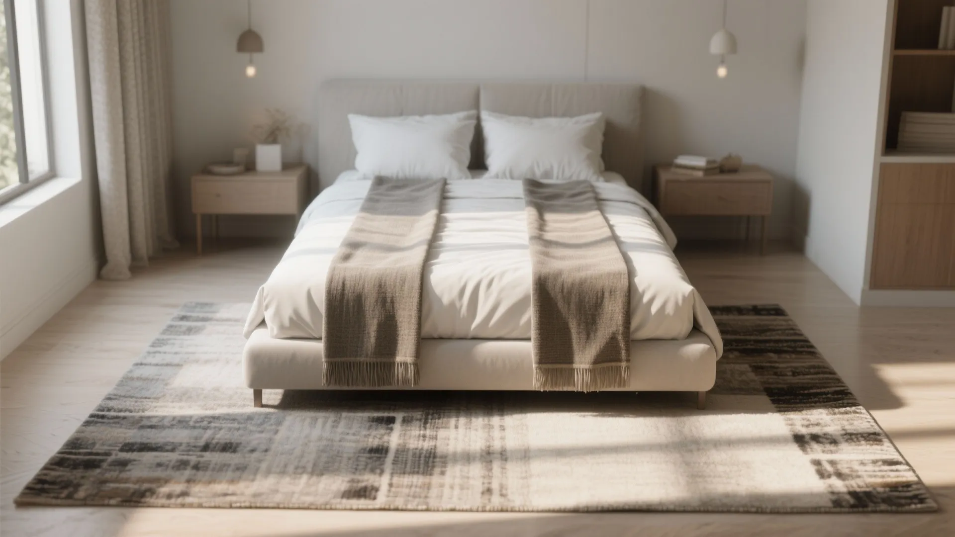 King bed with paired runners on either side creating a layered look and soft landing strips