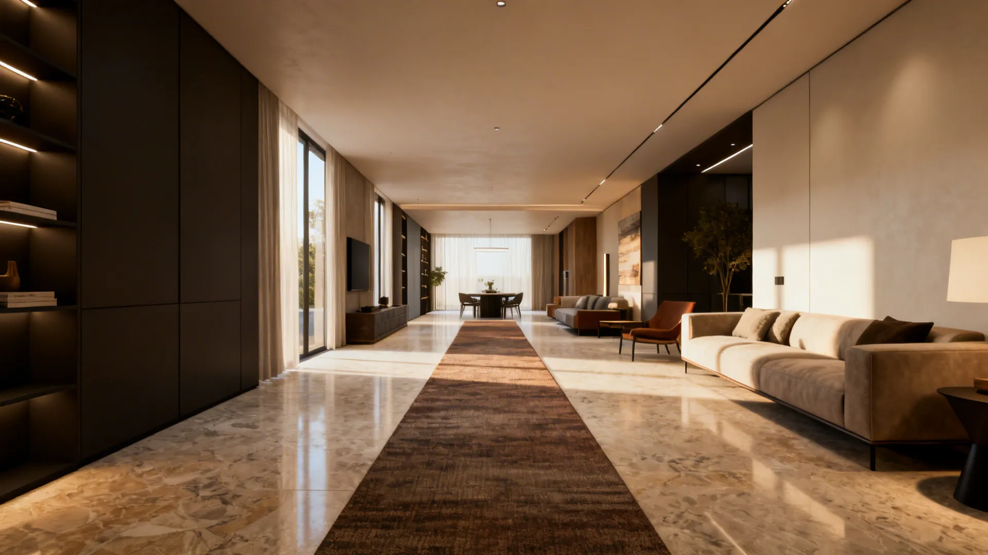 Long narrow living room with a runner rug aligned to the main sightline to elongate the space.