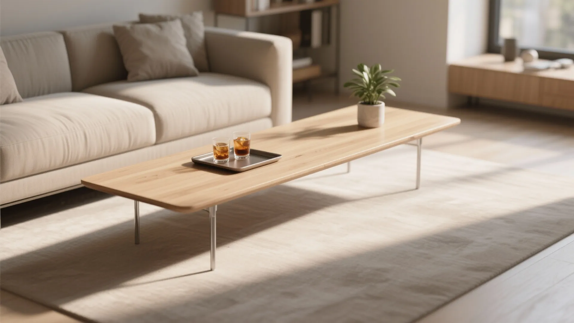 Sofa-length slim runner coffee table parallel to a sofa with a tray and plant, creating an elongated seating area.