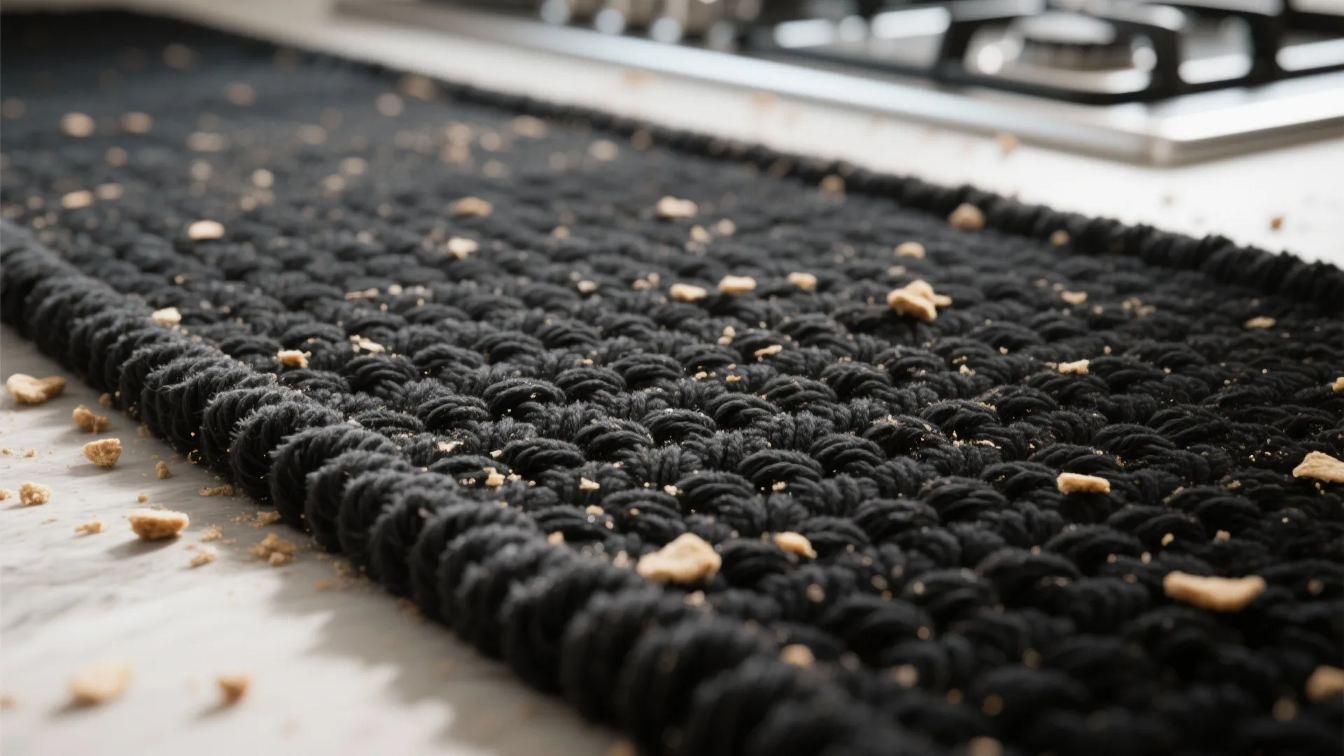 Black woven kitchen runner rug with food crumbs scattered on top near a white kitchen counter
