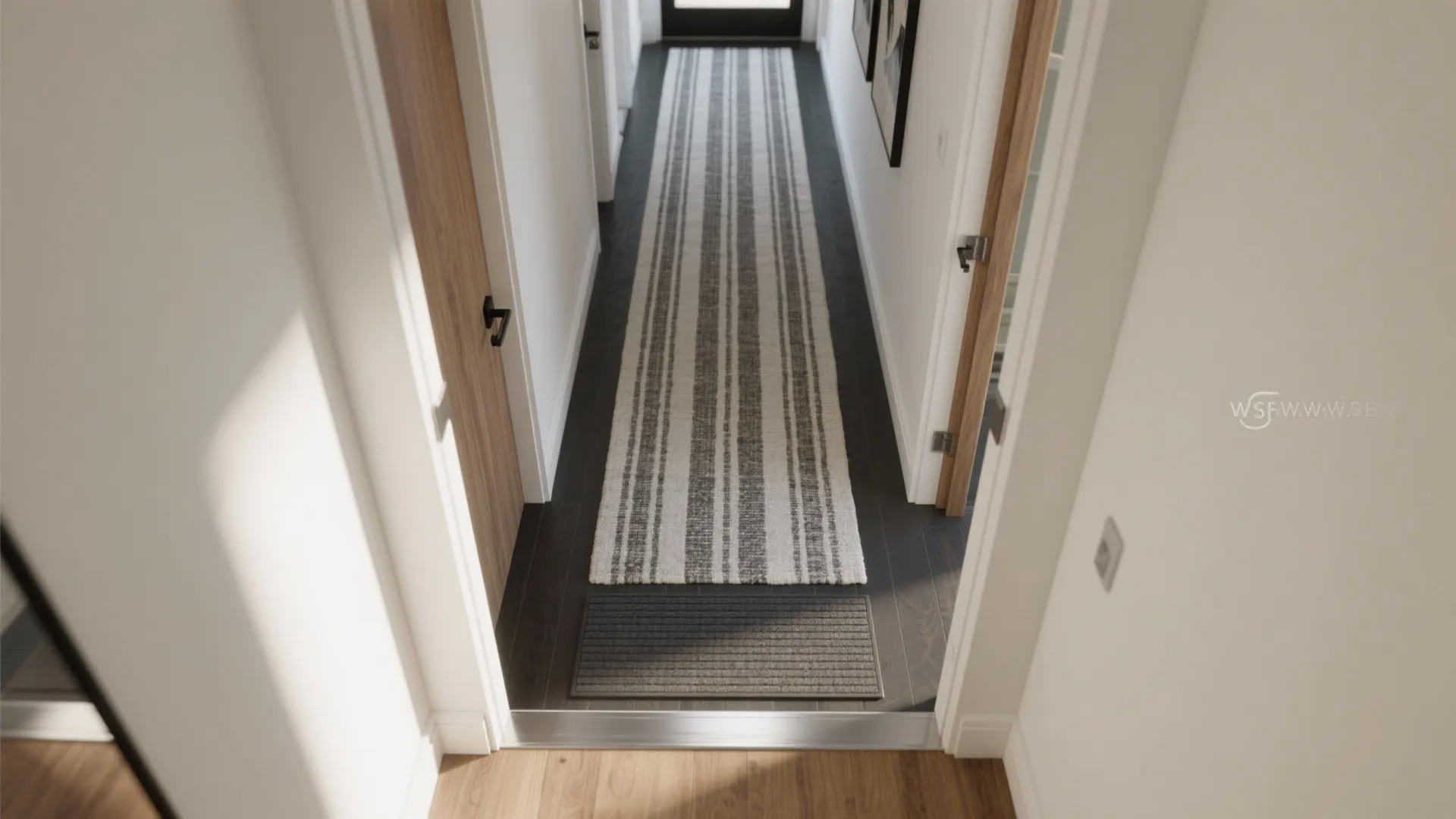 Hallway with long striped runner rug on dark wood floor and white walls with wooden doors