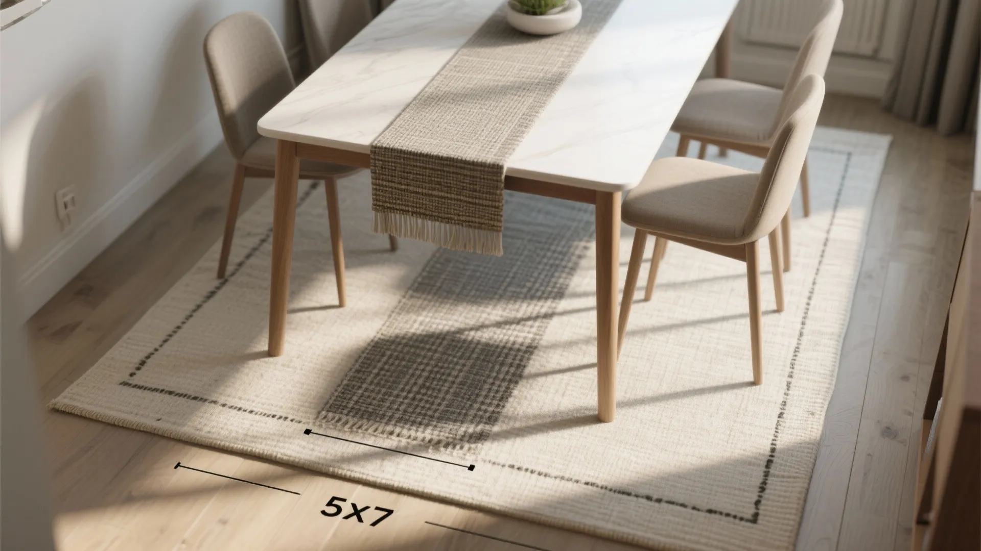 Modern white dining table with brown table runner on beige rug in bright dining room