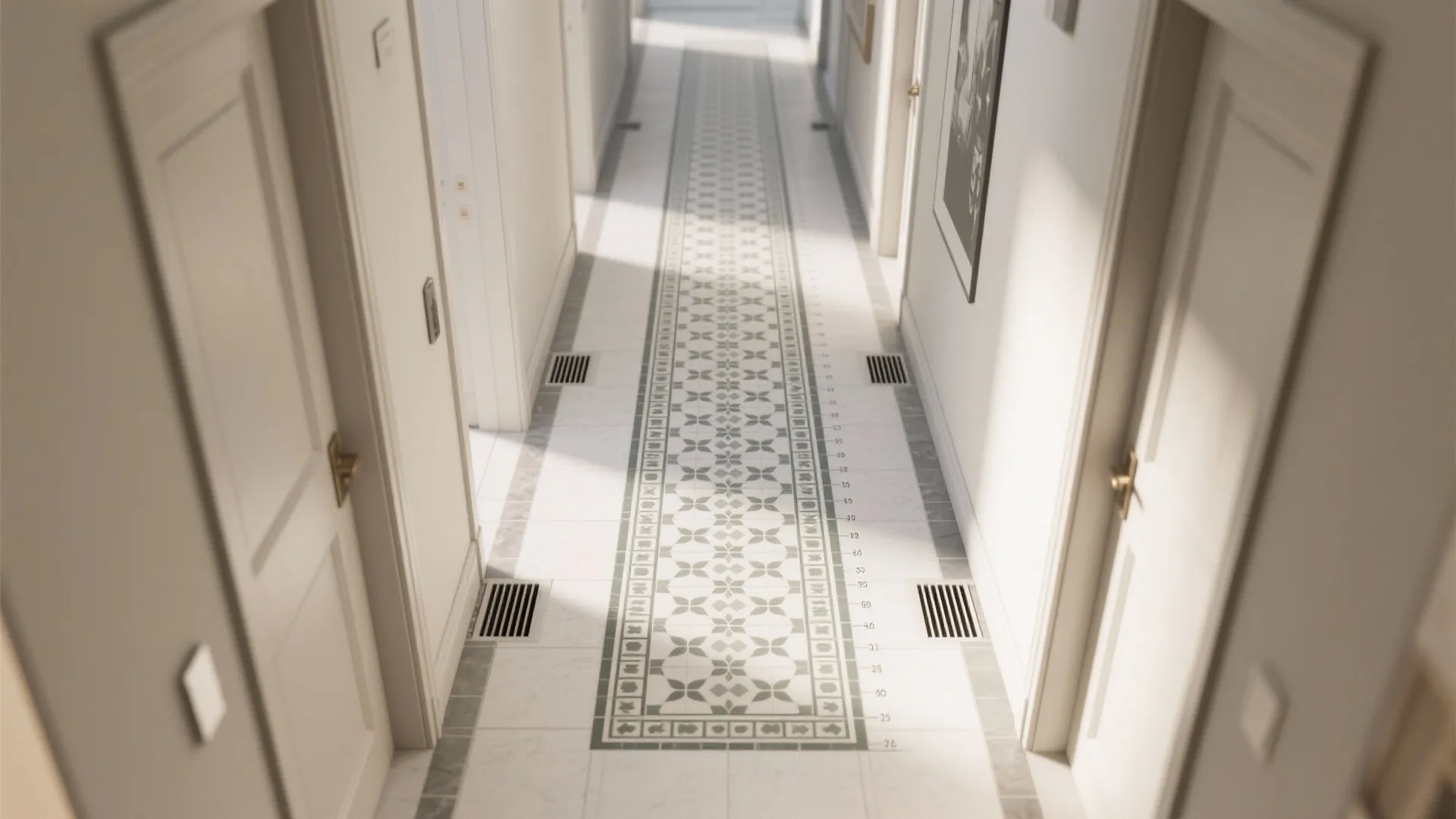 Top down view of a long hallway with green floral floor tiles and white doors
