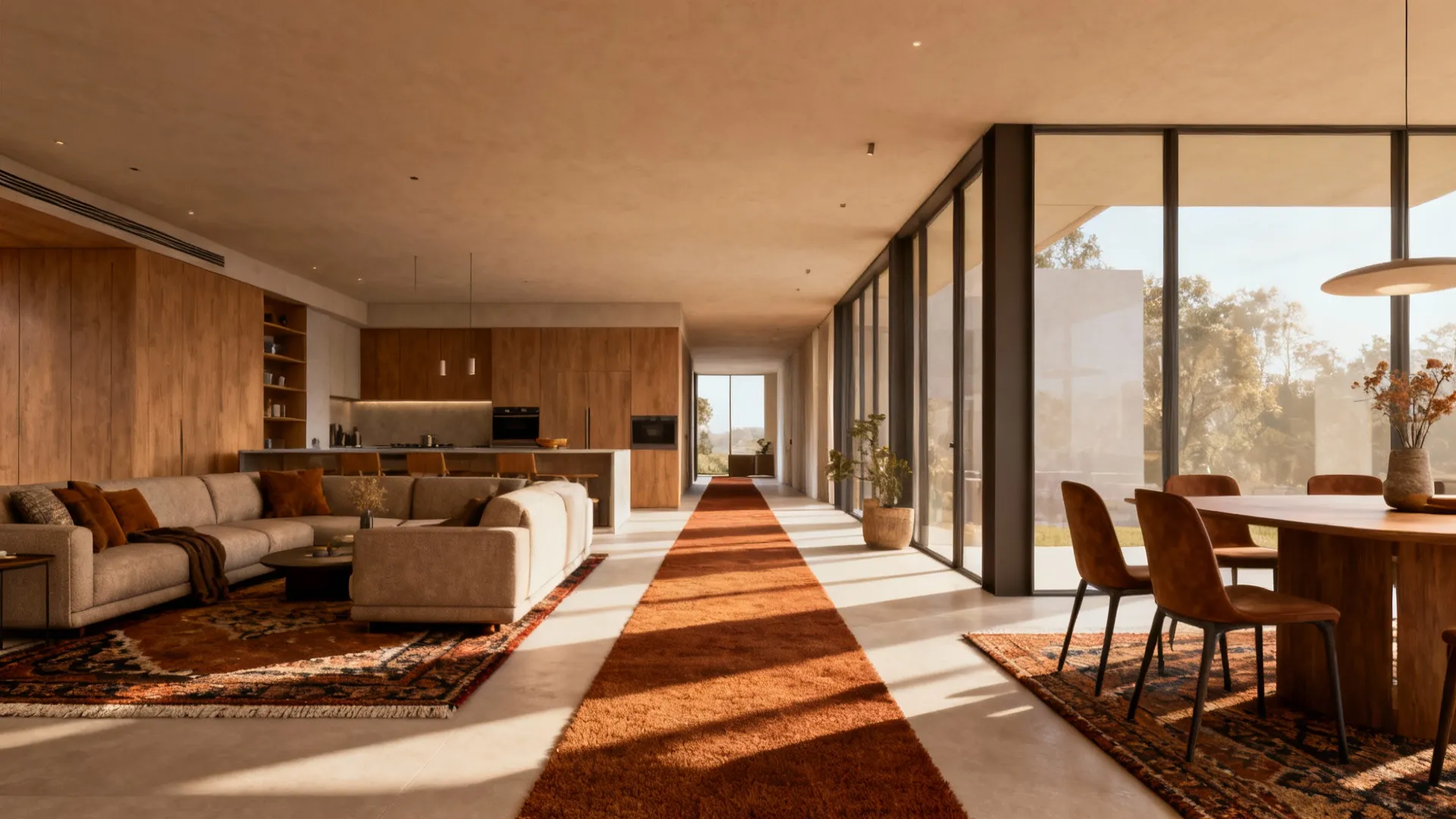 Open-plan space with runners and partial rugs guiding movement and defining zones.