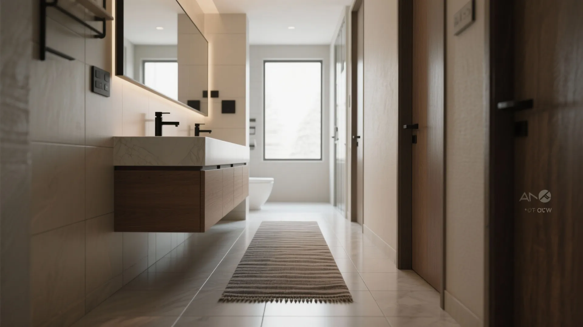 Modern bathroom with wooden cabinet double sink large mirror long floor rug and bright window