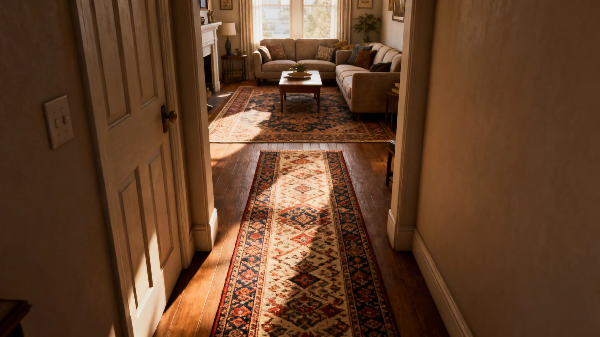 Long runner overlapping a larger rug to lengthen and direct the visual flow in a living room