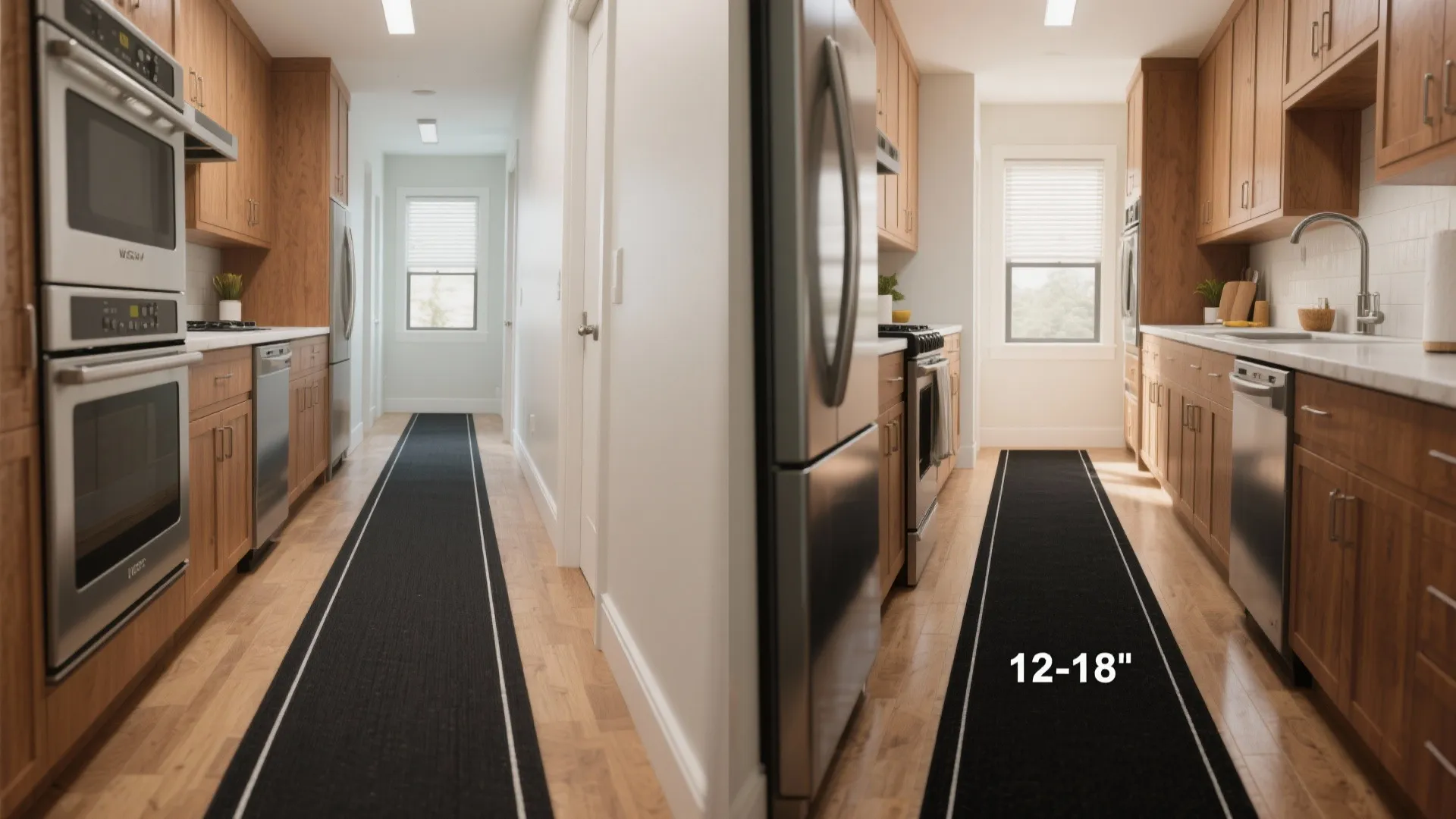 Two side by side kitchen views comparing different floor rug widths with wood cabinet storage