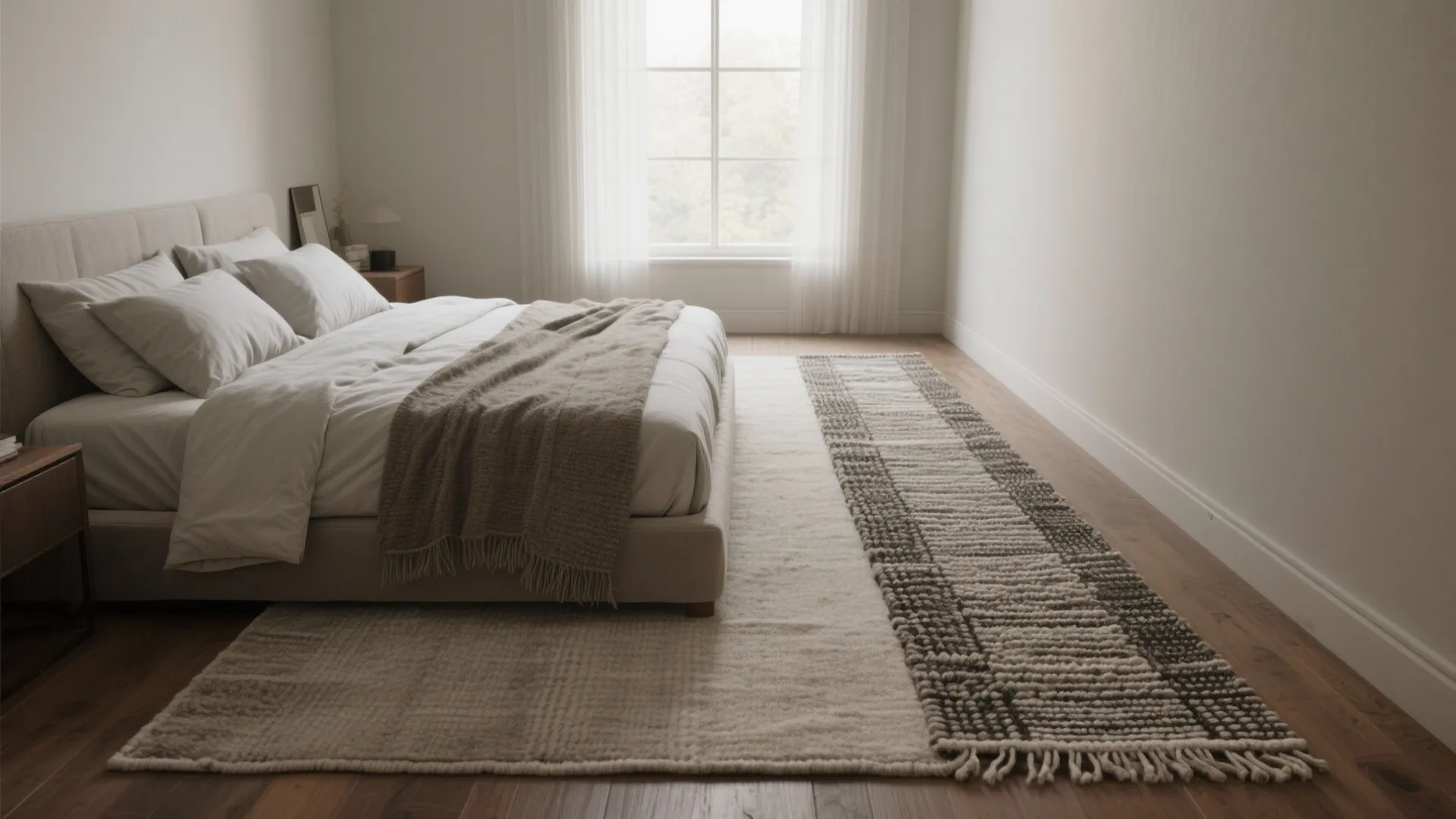 Modern bedroom featuring wood flooring, neutral bed, layered area rug with textured runner and curtains