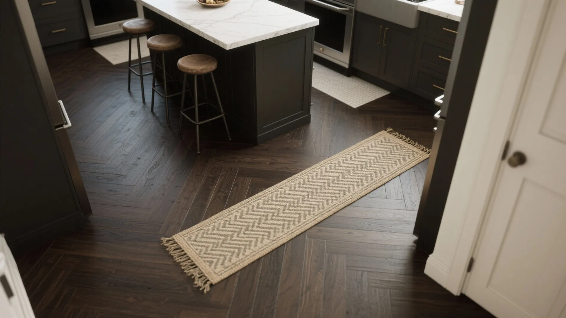 Modern kitchen with dark wood floor long woven rug white marble island and wooden stools
