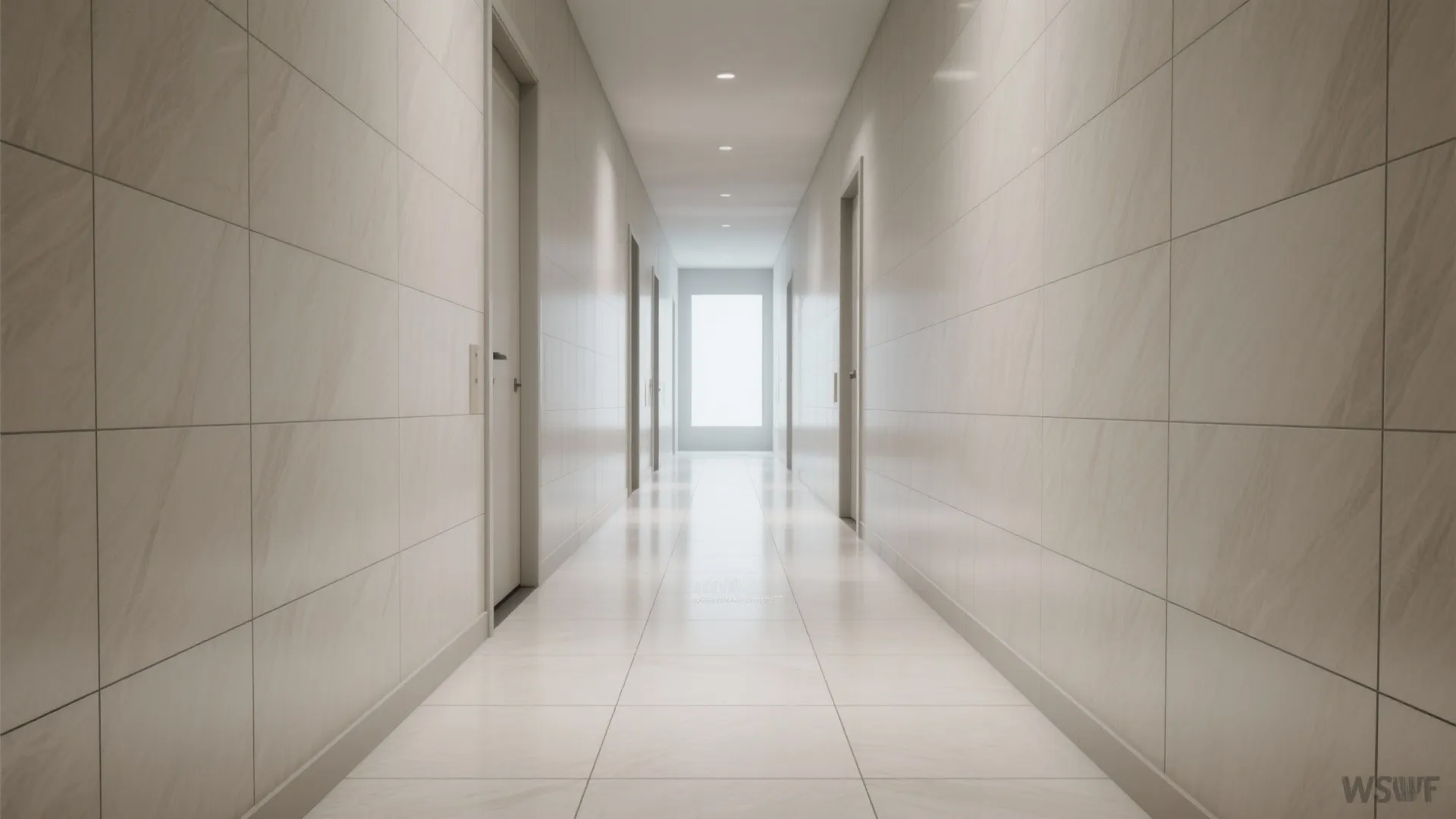 Long modern hallway with light beige wall tiles floor tiles and several closed white side doors
