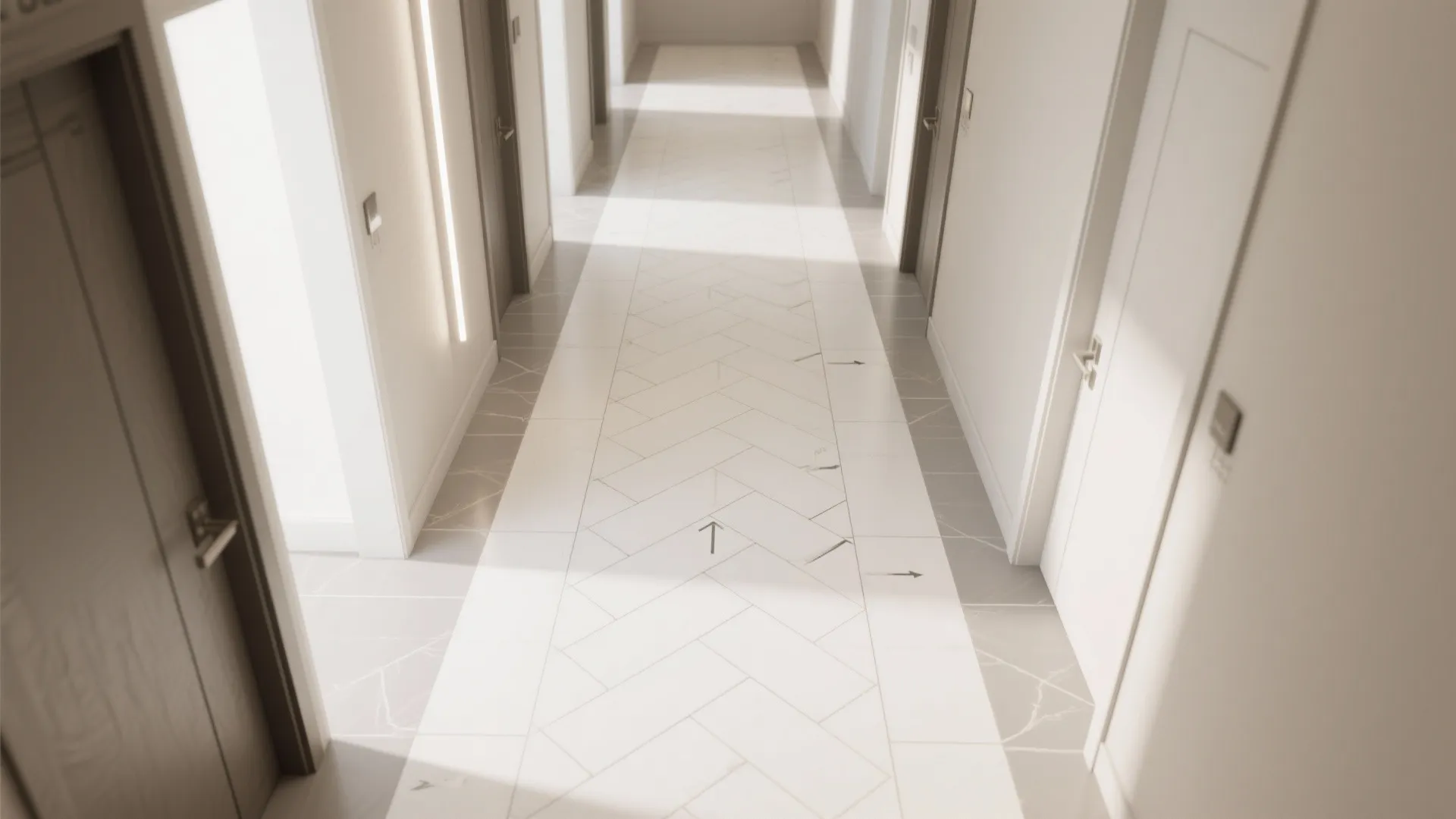 Modern apartment hallway with white tiled flooring in a zigzag pattern and many white doors